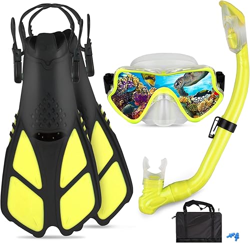 Miniatura 7 de AosDero Juego de esnórquel para niños aletas ajustables para natación máscara de esnórquel panorámica tubo de esnórquel seco  bolsas de viaje equipo