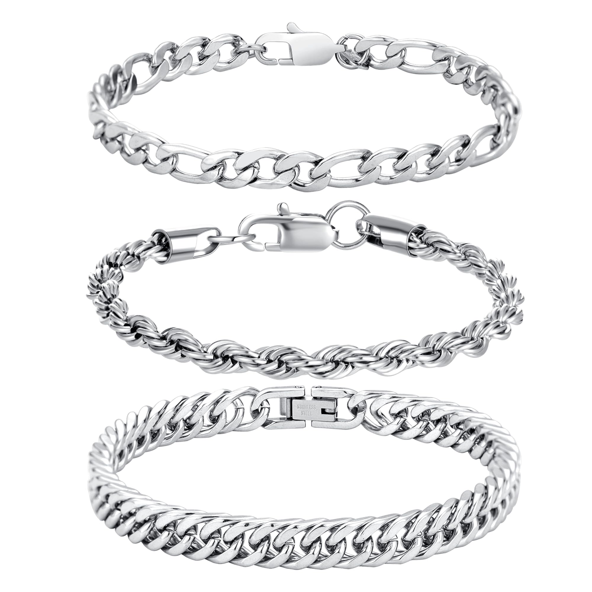 BMMYE3PCS Mens Silver Bracelets for Men, Cuban Link Chain Figaro Rope Chain Bracelet for Men 925 Sterling Silver Bracelets for Men