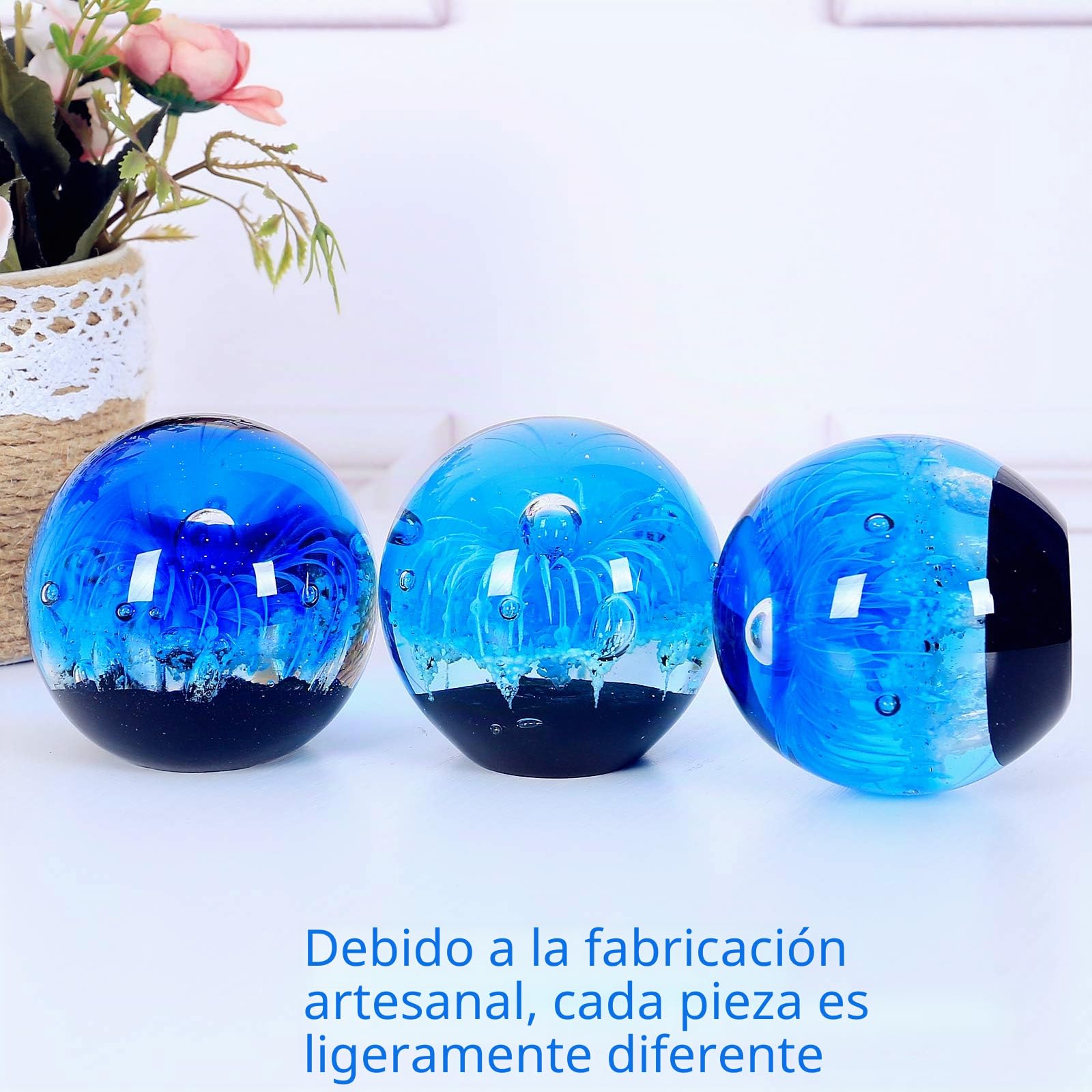 EUSTUMA Figura de Esfera de Flor Azul de Vidrio soplado a Mano, Bola de Vidrio de pisapapeles Azul,colección de Plantas Marinas para Regalo de cumpleaños, pisapapeles de Vidrio