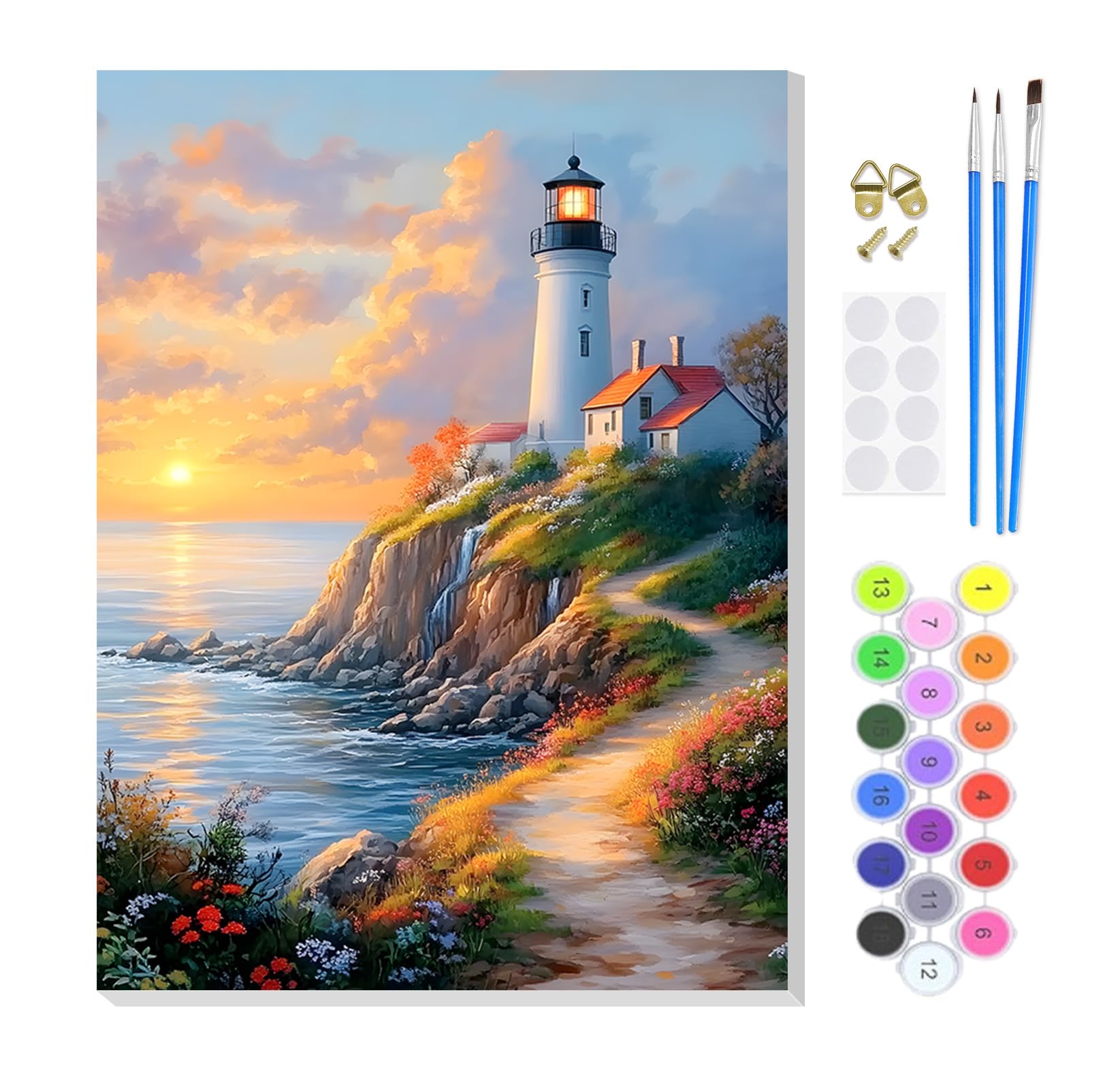 KEYIFA Paint by Numbers for Adults on Framed Canvas,Seaside Lighthouse Painting by Number Canvas Kits with Acrylic Paint Brushes, DIY Craft Oil Painting Art Kits for Adults, Home Wall Decor 20x30cm