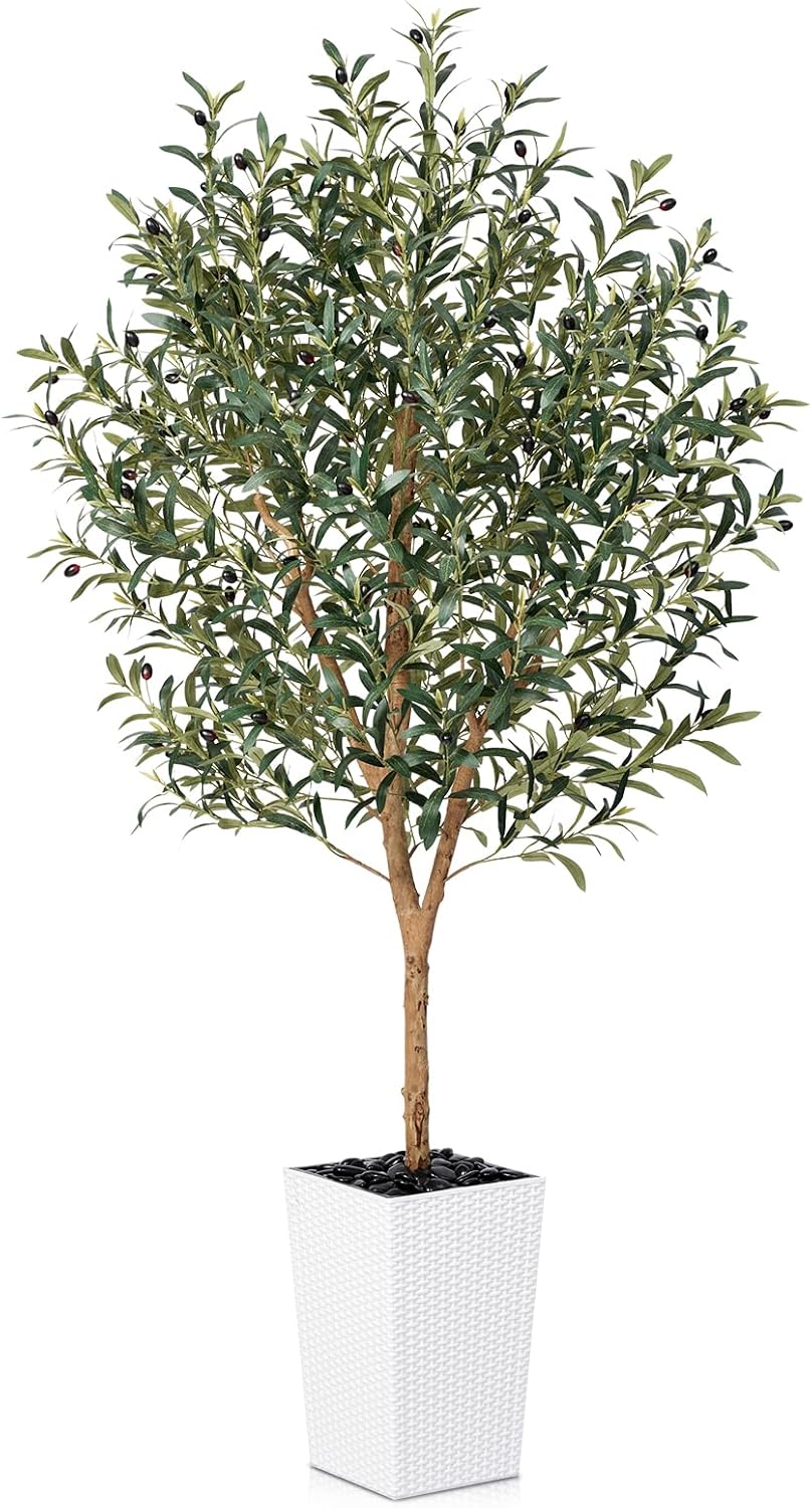 Artificial Olive Tree 6FT, Faux Olive Trees with Real Wood Trunk, UV Resistant Fake Plants in Planter & River Rocks, Indoor Tall Silk Plant for Home Living Room Office Outdoor Decor, VN133 6ft White