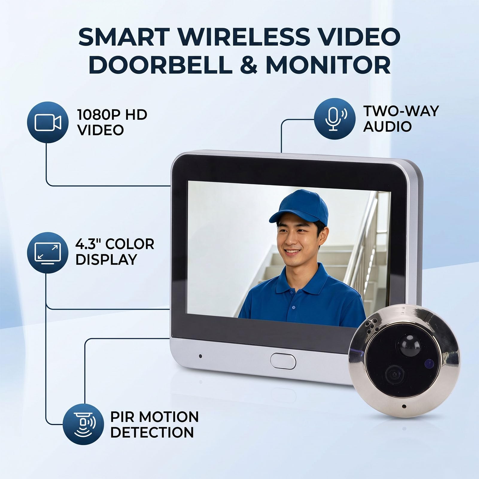 AMONIDA Timbre de Vídeo Inteligente 1080p para Seguridad de Puerta Principal Casa con Pantalla Color 4,3 Pulgadas,WiFi Conversación Bidireccional,áNgulo Ancho 120 Grados,Detección