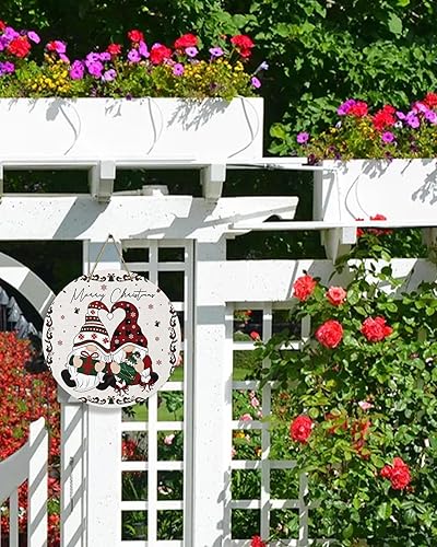 Miniatura 2 de Letrero de bienvenida de temporada para puerta delantera, gnomos, árbol de Navidad, copo de nieve, corona redonda de madera, letrero colgante de