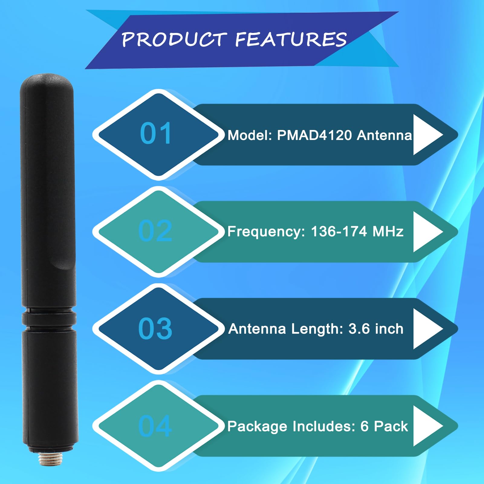 6 x anteny VHF PMAD4120 PMAD4120A do Motorola XPR3300 XPR3500 XPR3300e XPR3500e XPR7550 XPR7580 XPR7550e XPR7580e XPR3000 XPR7000 dwukierunkowy Radio 1 36 174 MHz, 3,6 cala