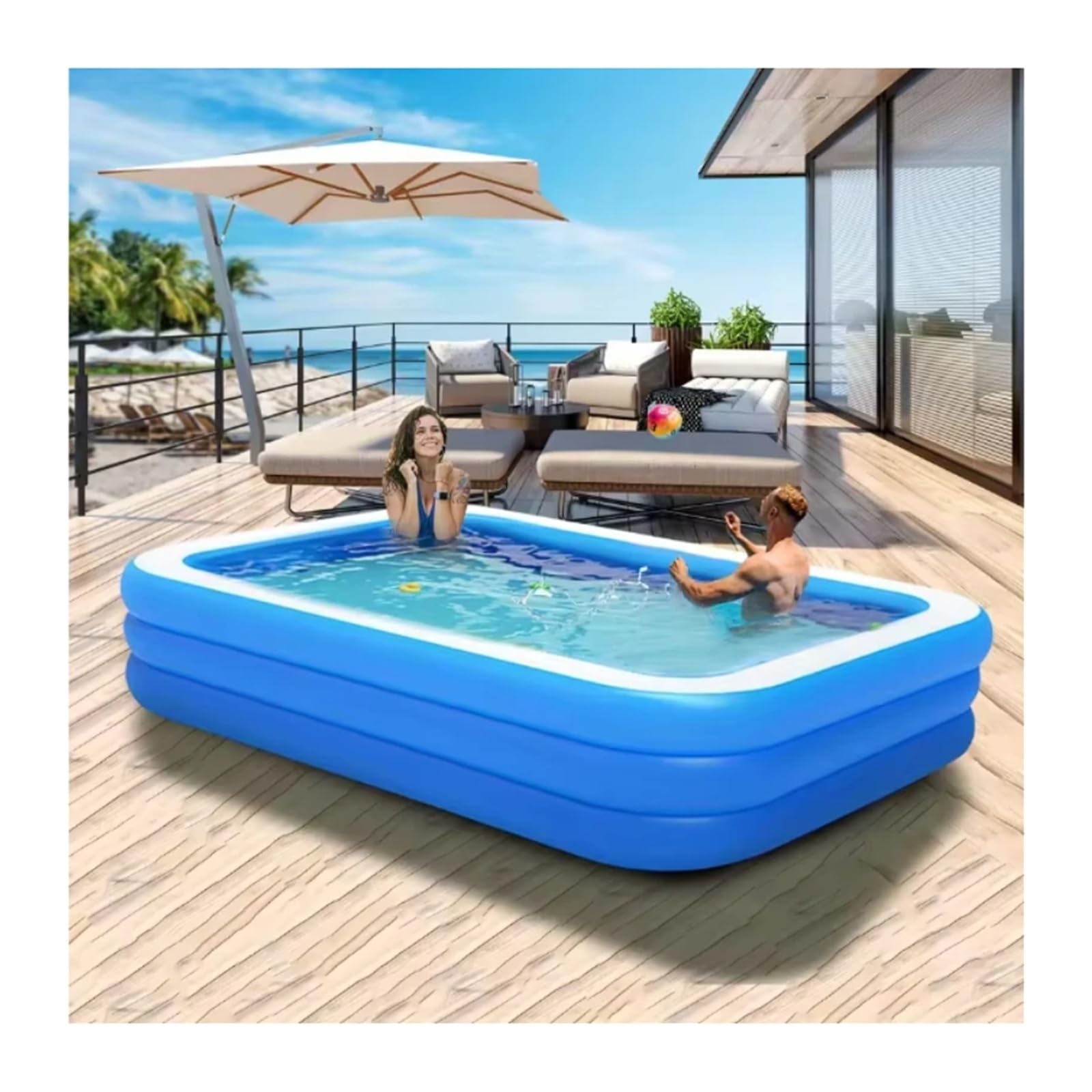 Aufblasbarer Pool, quadratisch, für Familien mit einem Boden, erhöht und verdickt, mit drei Ringen, blau und weiß, große Schwimmbäder für zu Hause(L)