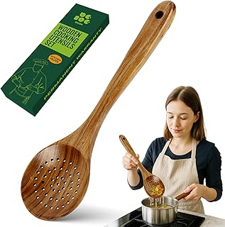 Bkiok Wooden Strainer Spoon for Cooking, Durable Wooden Slotted Spoons, Handmade Colander Spoons,Teak Wood Skimmer