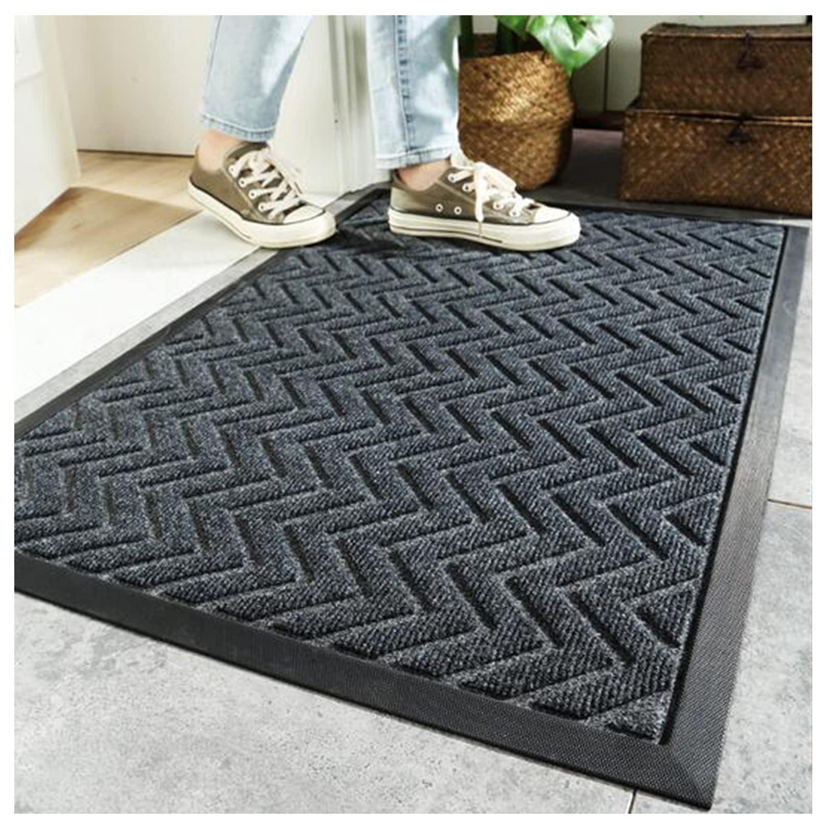 Tapis de porte paillasson extérieur rectangulaire gris en caoutchouc 45x75 cm