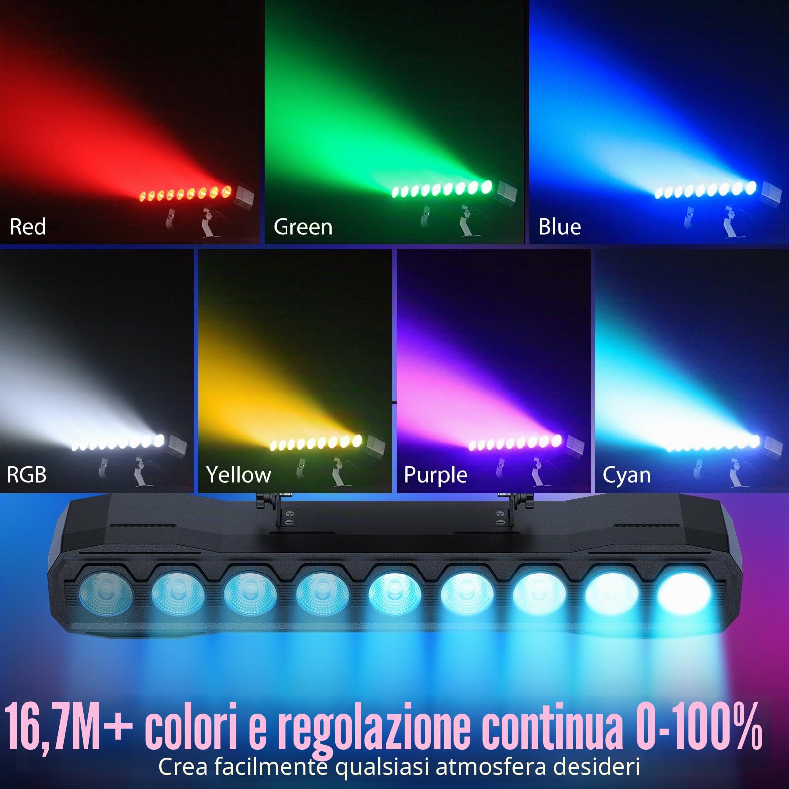 9 RGBW LED Wall Washer Luce da Palcoscenico 60W, Effetto Barra Luminosa Spotlight con Telecomando DMX512 Stroboscopio Luce per Feste per Matrimonio DJ Outdoor Natale