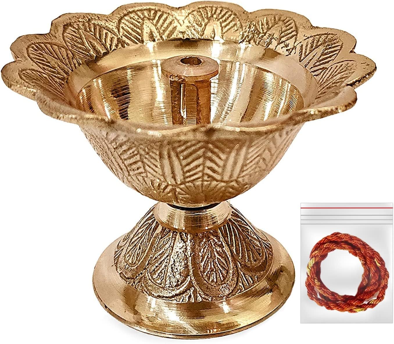 Satvik Brass Flower Shape Engraved Diya with Akhand Jyot Batti Devdas Diwali/ Deepawali Diya for Decoration Puja / Pooja Accessories for Home and Temple