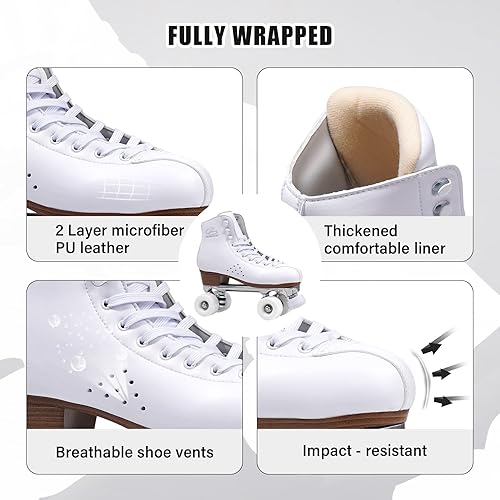 Miniatura 5 de PAPAISON Patines de ruedas para mujeres y hombres, de lujo, de 2 capas, de cuero de microfibra, de doble fila, patines clásicos para niñas, patines