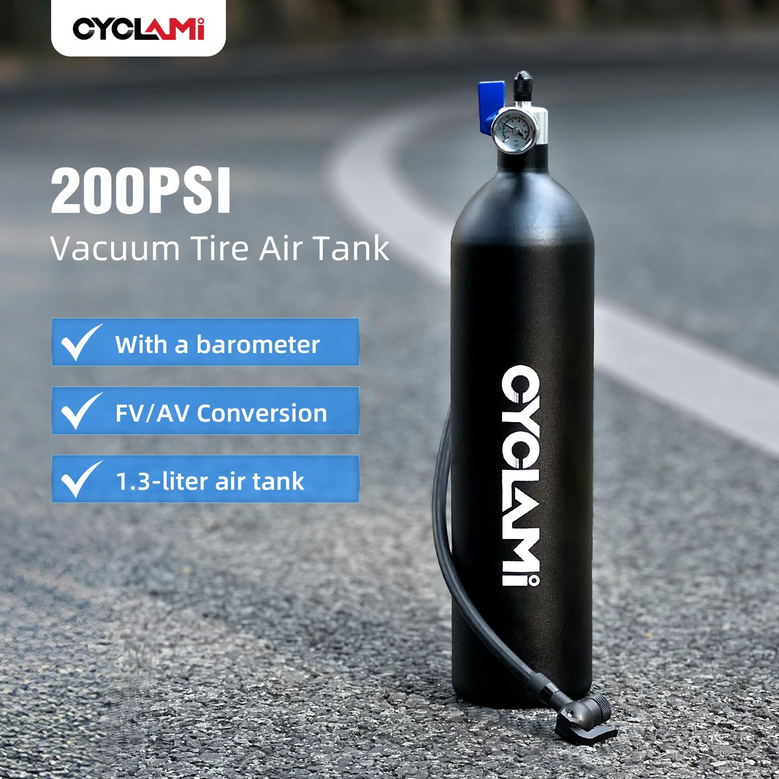 Booster de pneu de vélo Tubeless 1,3 l/200 PSI (13,79 bar) – Pompe à pneu réutilisable en aluminium pour vélos de route et VTT avec AV/FV – Tubeless rapide