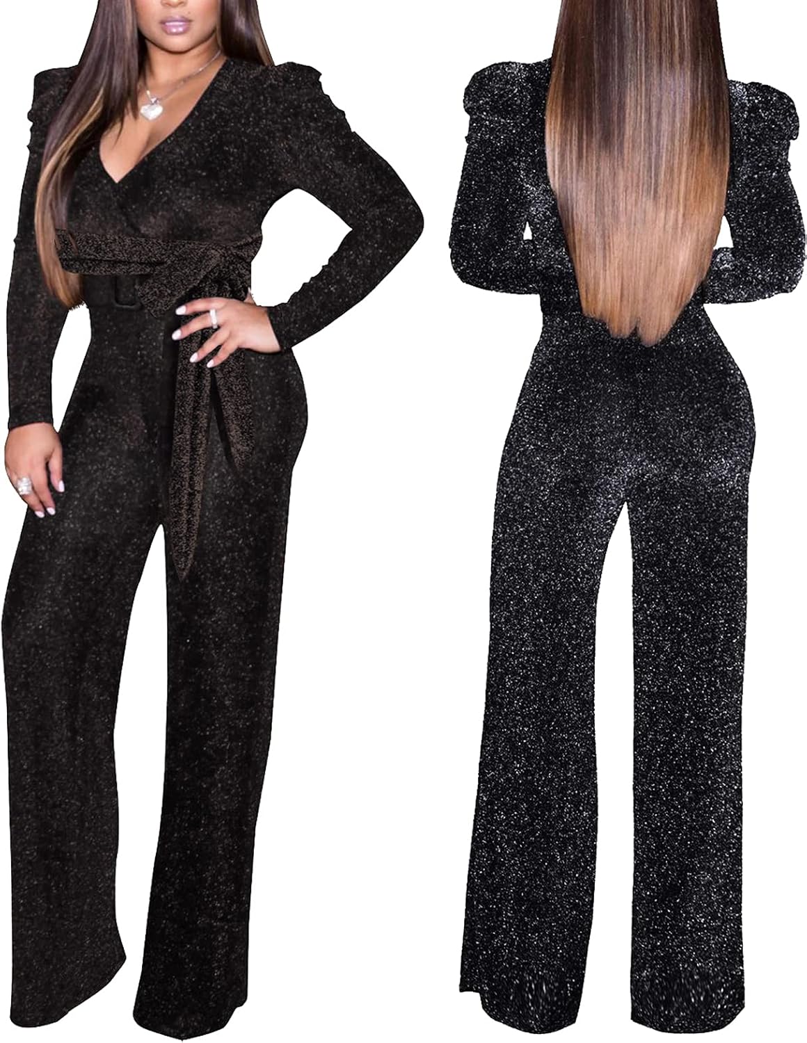 SeNight Women Sparkly Jumpsuits Sexy Long Sleeve Elegant Mock Neck Shiny Straight Long Pants Rompers Club Night Outfits - Image 3