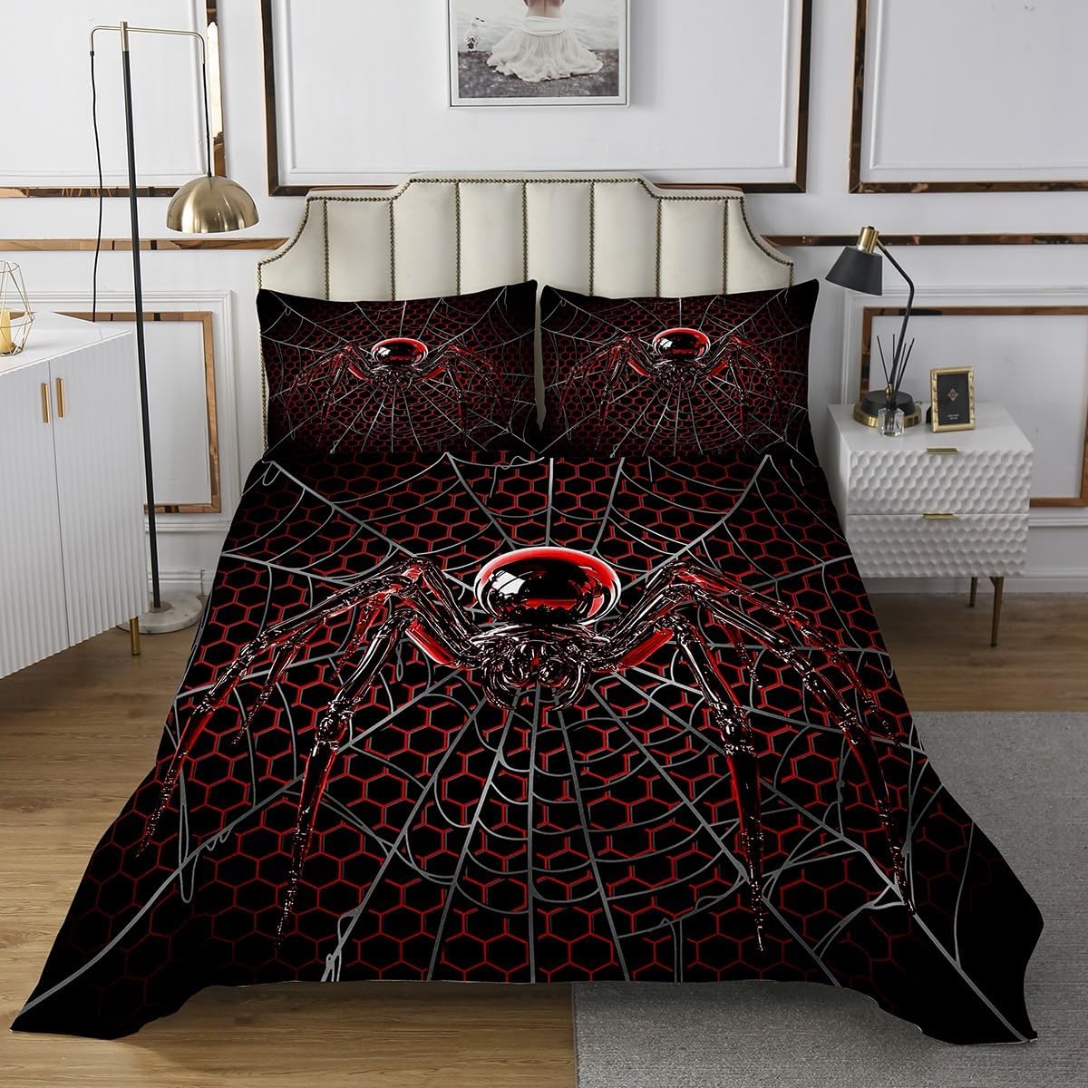 Homewish 3D Spider Kids Bedspread King Size,Blue City Building Bedding Sets 3Pcs for Boys Teens Men Room Decor,Hero Theme Comforter Sets Modern Cool Quilt Coverlet,2 Pillowcases