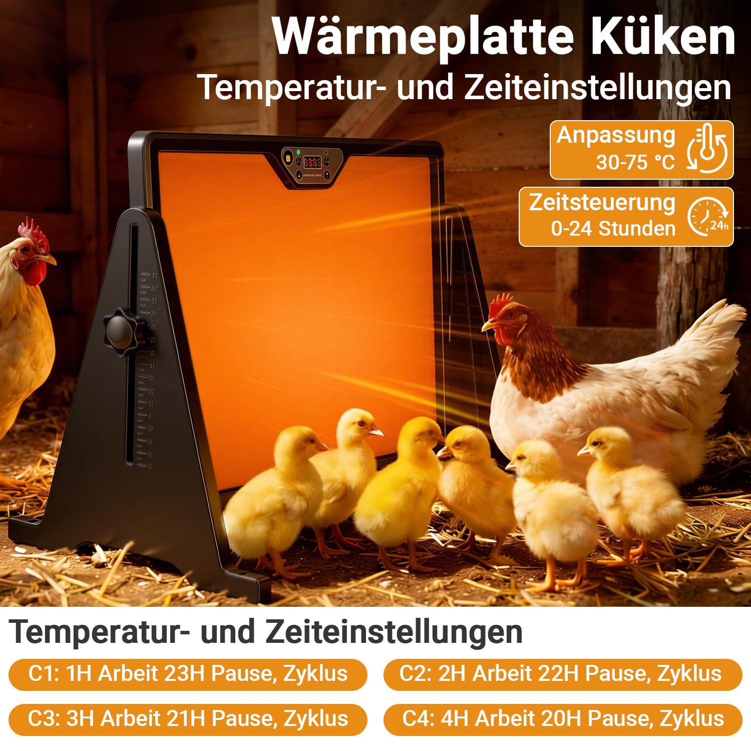 Płyta grzewcza dla piskląt, 300 W, dwustronne ogrzewanie kurnika z pilotem zdalnego sterowania, timer, oświetlenie, regulowana płyta grzewcza 30-75°C, regulacja wysokości 31-42 cm, do siedlisk