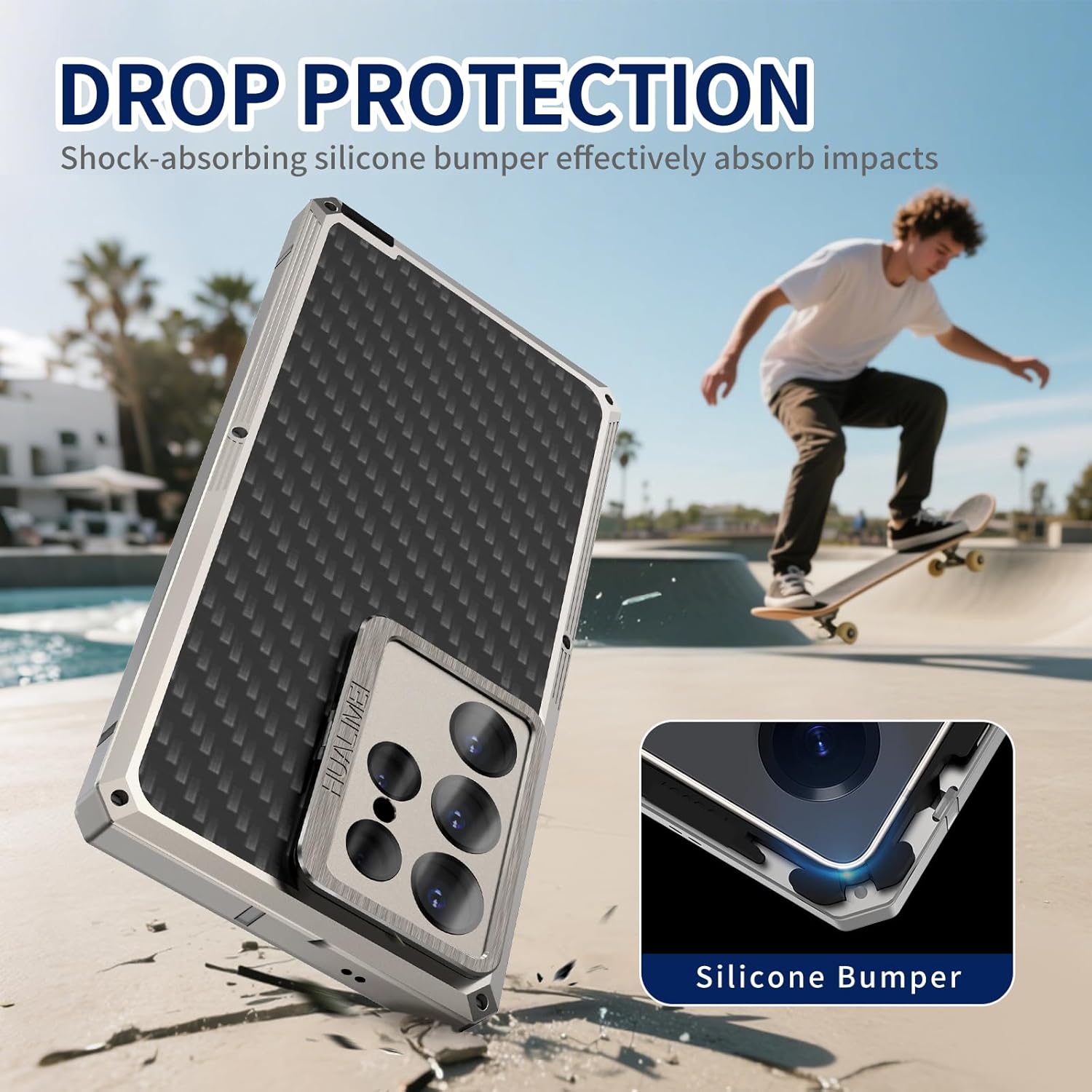 Luxury Carbon Fiber Aluminum Case for Samsung Galaxy S25 Ultra, Heavy Duty Rugged Military Protective Phone Cover with Camera Lens Protector Stand, Titanium