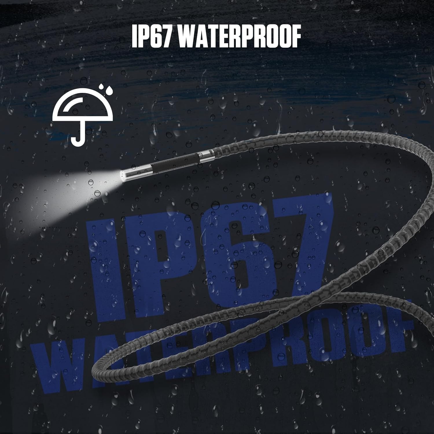 Endoscope probe submerged in water, indicating IP67 waterproof rating