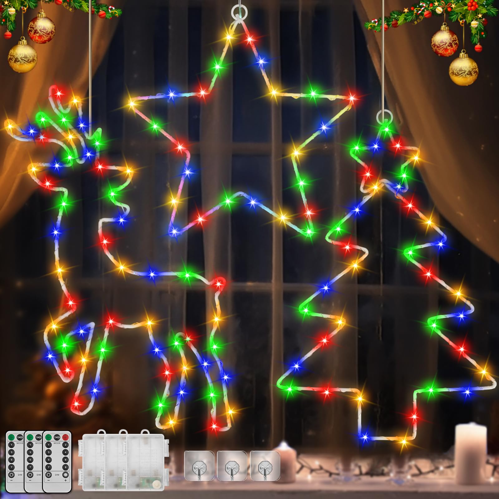 Ventana Luces Navideñas, Paquete de 3 Luces Colgantes con Forma de Reno, árbol de Navidad y Estrella con 8 Modos y Control Remoto, Decoraciones navideñas Que Funcionan para Interiores y Exteriores