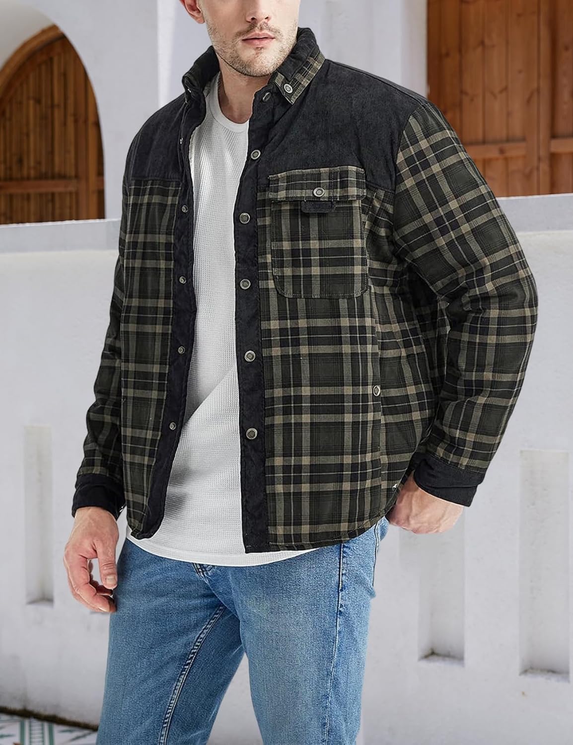 Gihuo Men's Long Sleeve Sherpa Lined Shirts Outdoor Warm Flannel Plaid Jacket Button Down Fleece Coats - Image 3