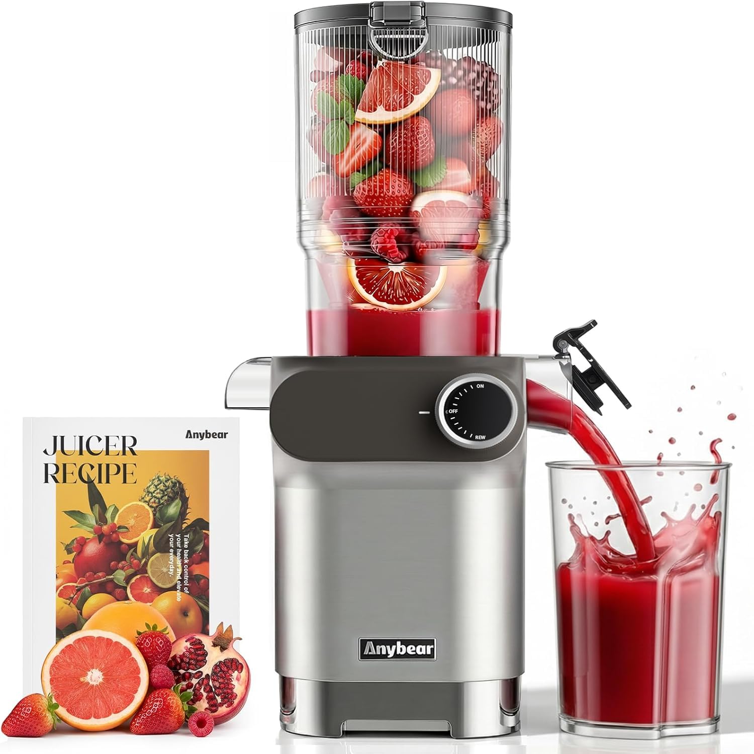 Anybear Entsafter, 200W Slow Juicer Kaltentsafter mit 110 mm großem Einfüllschacht für ganze Früchte/Gemüse | Upgraded Schnecke | Tritan-Material | BPA-frei | Inkl. Saftrezepte (Silber & Orange)