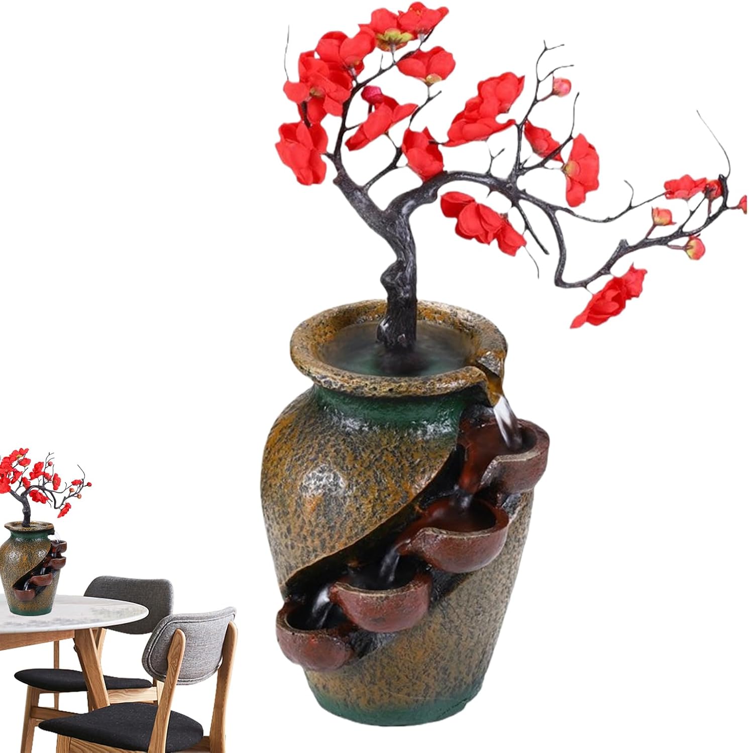 Waterfall Fountain Indoor,4-Tier Resin Tabletop Fountains with Water Flows & Artificial Tree | Zen Relaxation Desktop Home Decor for Bedroom Living Room