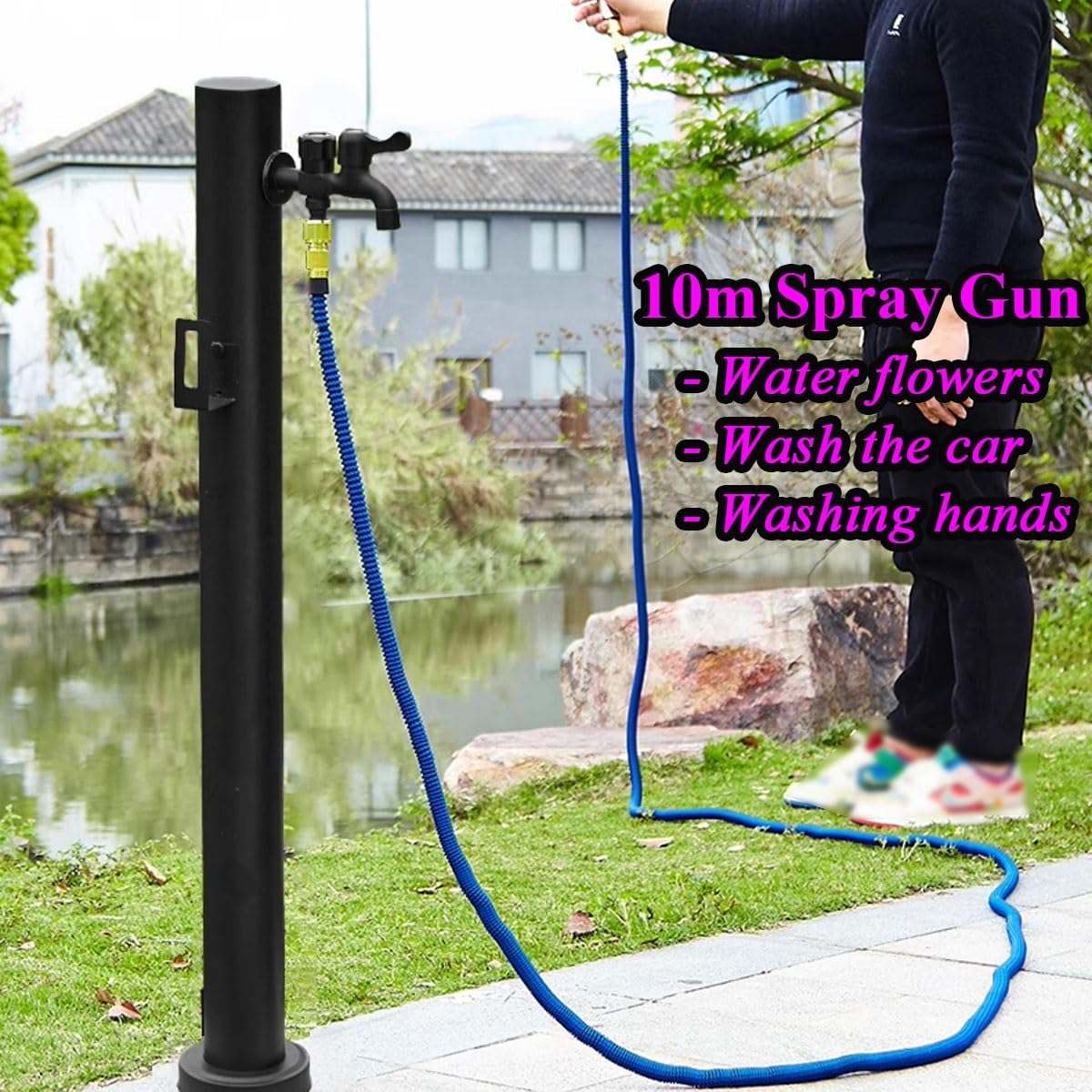 Genérico Grifo de jardín Independiente de Acero Inoxidable con Soporte para Manguera, Columna de Agua Vertical de 96 cm, Fuente de Agua Exterior anticongelante, dispensador Duradero para Montaje en s