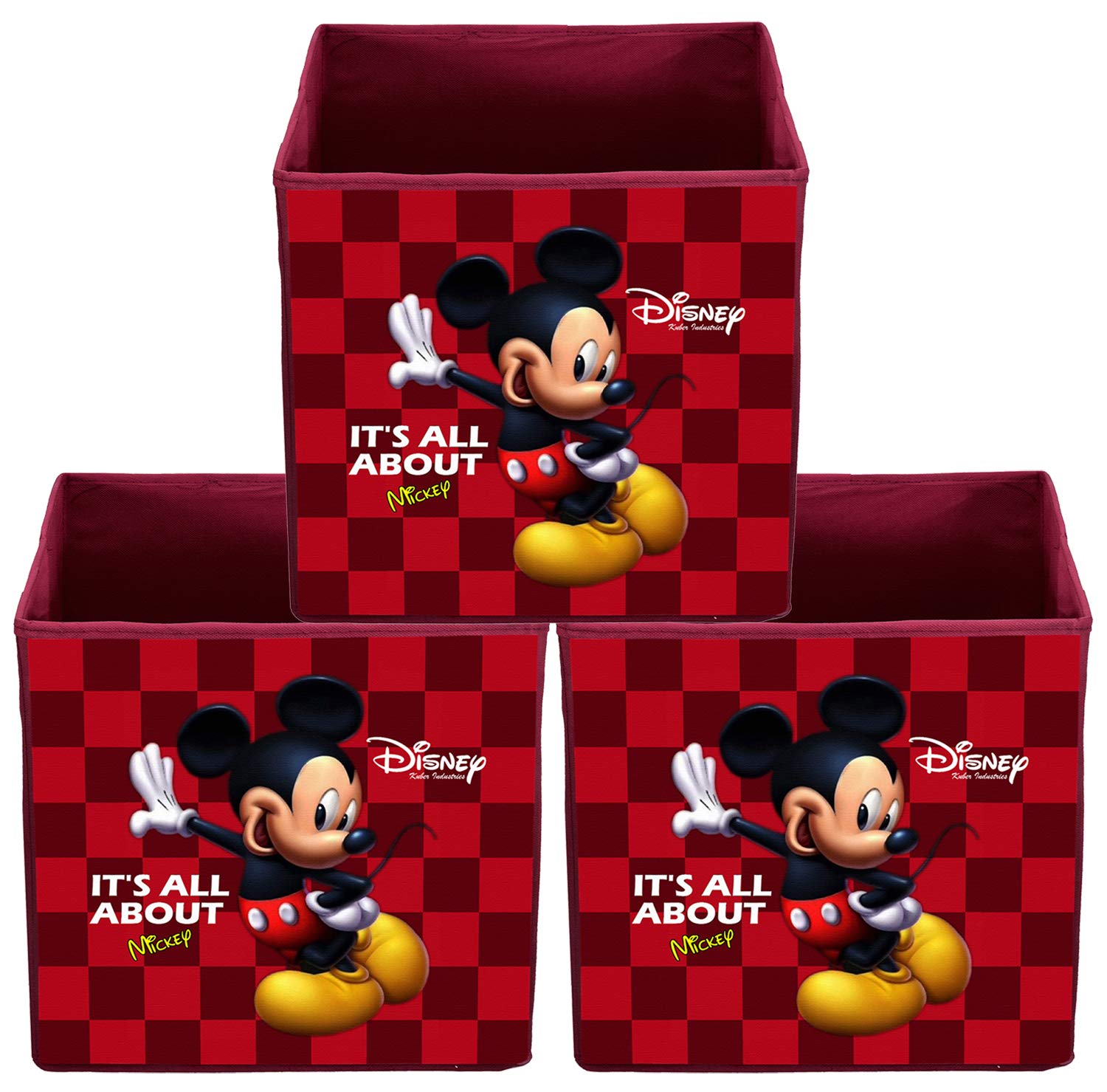 Kuber Industries Disney Myszka Miki, nadruk, włóknina, składana kostka, zabawka, pudełko do przechowywania książek, organizer do szafy z uchwytem (kasztanowy, duży, 3 sztuki)