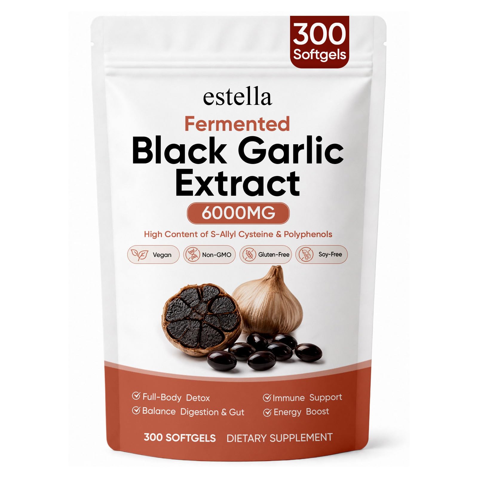 estella Fermented Black Garlic Extract, 90-Day Matured with S-Allyl Cysteine, Odorless Garlic Supplement for Daily Digestive Balance, Vegetarian, All-Natural, Non-GMO, 300 Softgels(1pcs) 300 Count (Pack of 1)