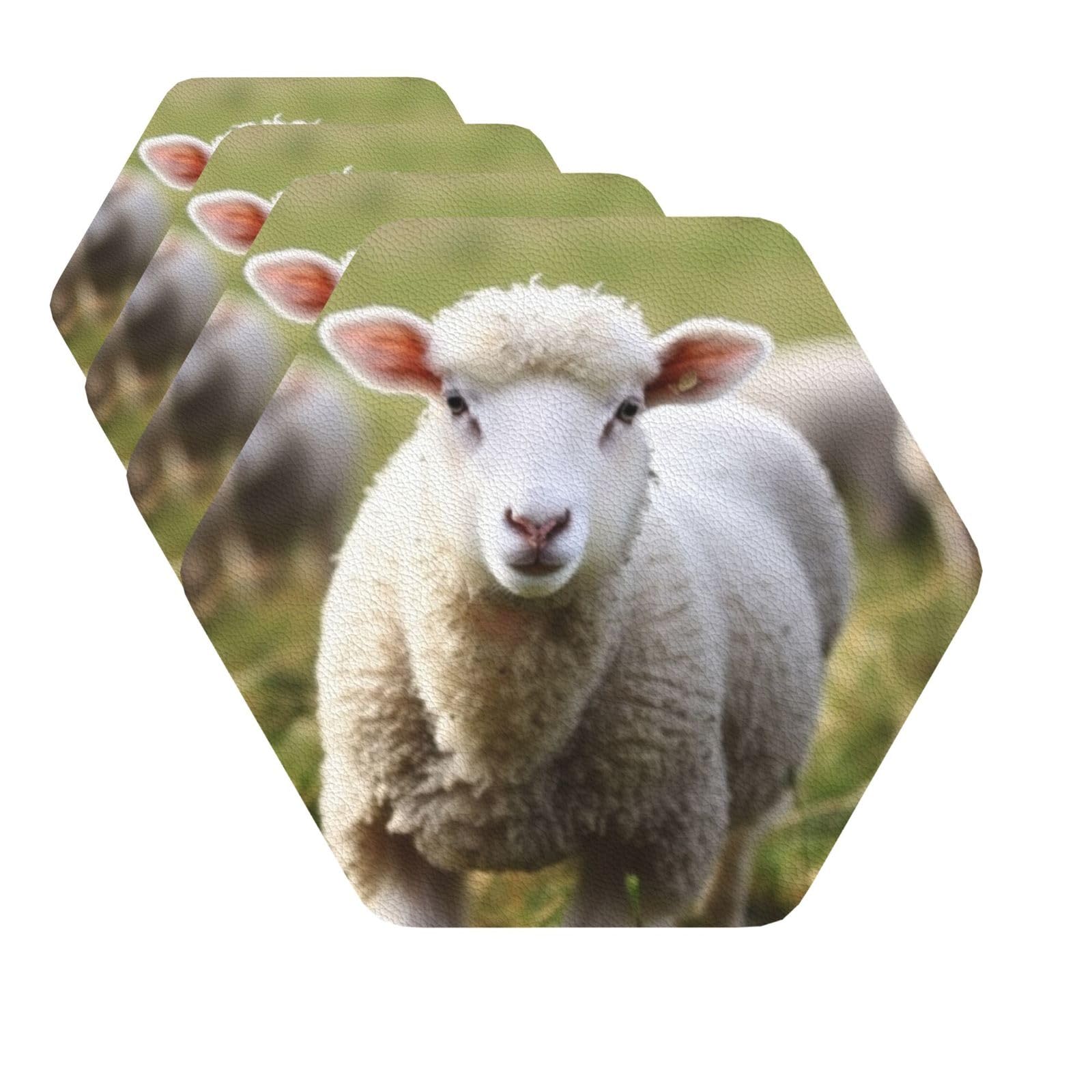 Drink Coasters Set of 4 Quick-Dry Leather Coaster Cute Cartoon Sheep Coasters for Drinks Coffee Cup Mat Tabletop Protection Heat Resistant Coaster for Kitchen Bar Office Home Decor