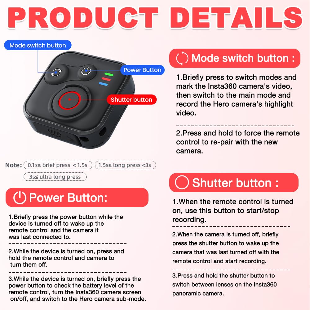 Bluetooth Fernbedienung für Insta360 X5/X4/X3/Ace Pro 2/Ace Pro/GO3S/GO3/GoPro Hero 13/12/11/IOS/Android Phones, Afenau 96H Ausdauer Fernbedienung Wasserdicht, 50M Reichweite Bluetooth-Fernbedienung