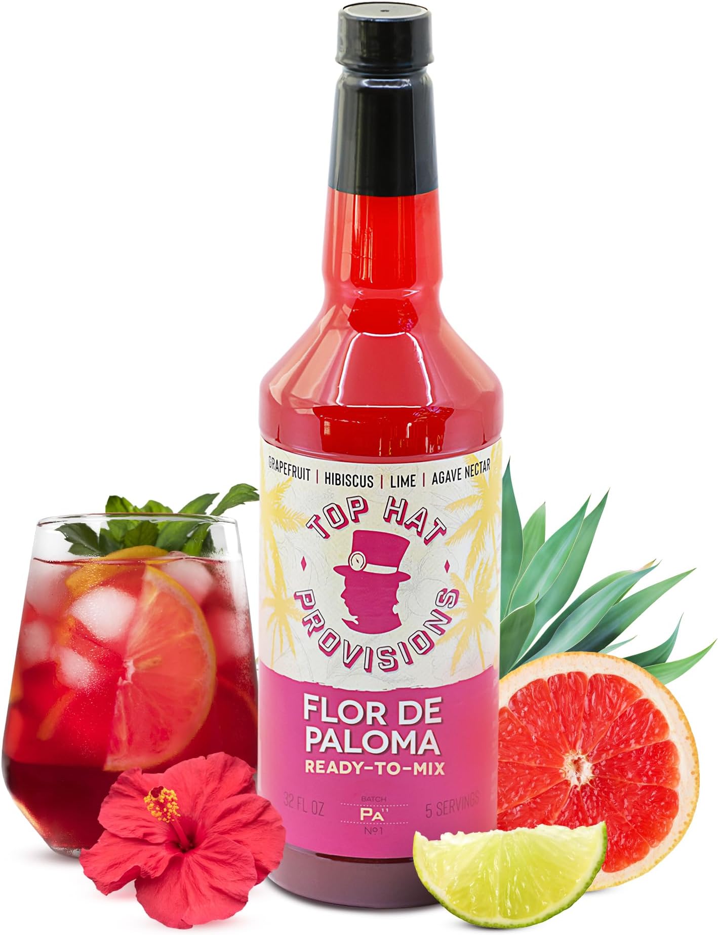 Top Hat Hibiscus Paloma Mix - Craft Grapefruit Hibiscus Cocktail Mixer - Handcrafted with Organic Agave - Low Calorie - 32oz Bottle