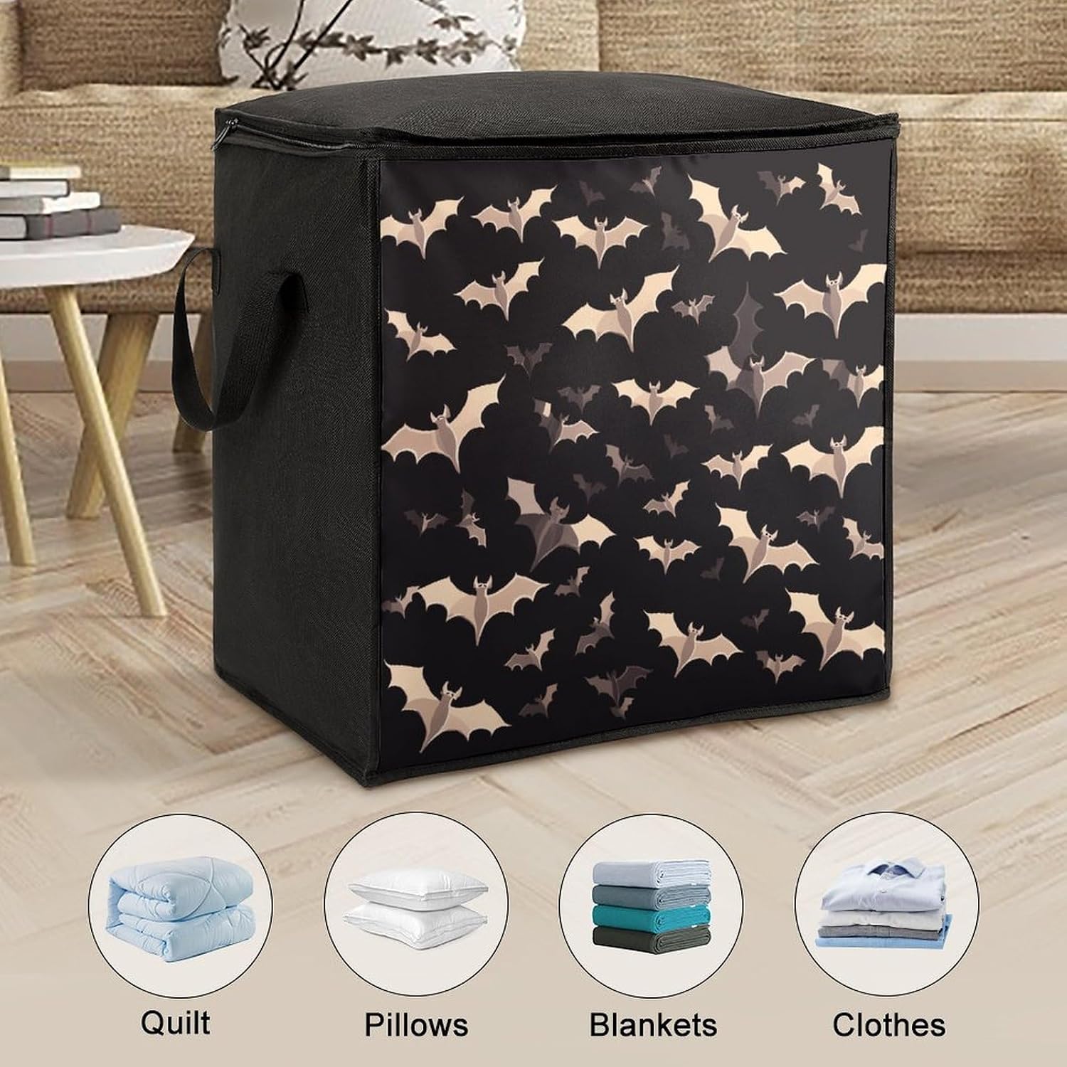 Halloween Flying Bats Storage Bag with Zippers And Handle Extra Large Bedding Comforter Storage Bag Foldable Blanket Storage Bags Fabric Moving Bags for Closet Organizer (70L)