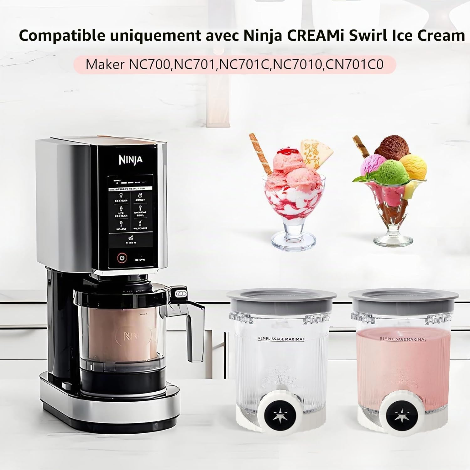 BigKing Lot de 2 récipients pour ninja Creami Swirl Pints, Récipients compatible NC700 701, Conteneurs pour Ninja Creami Swirl Pints et couvercle