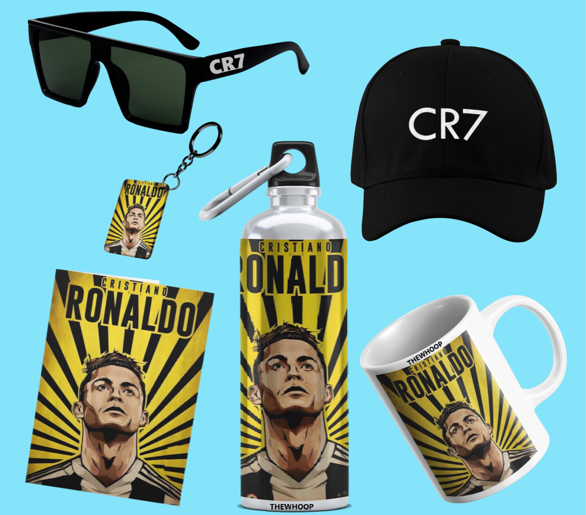 THEWHOOP Printed Cristiano Ronaldo Gift Combo Pack of Mug (350ml), Sipper Bottle (750ml),Keychain,Sunglass,Cap, Greeting Card, Birthday Gift Set for Cristiano Ronaldo Fans (Pack of 6) (Yellow) (B0CLYM2FBJ) Amazon Price History, Amazon Price Tracker
