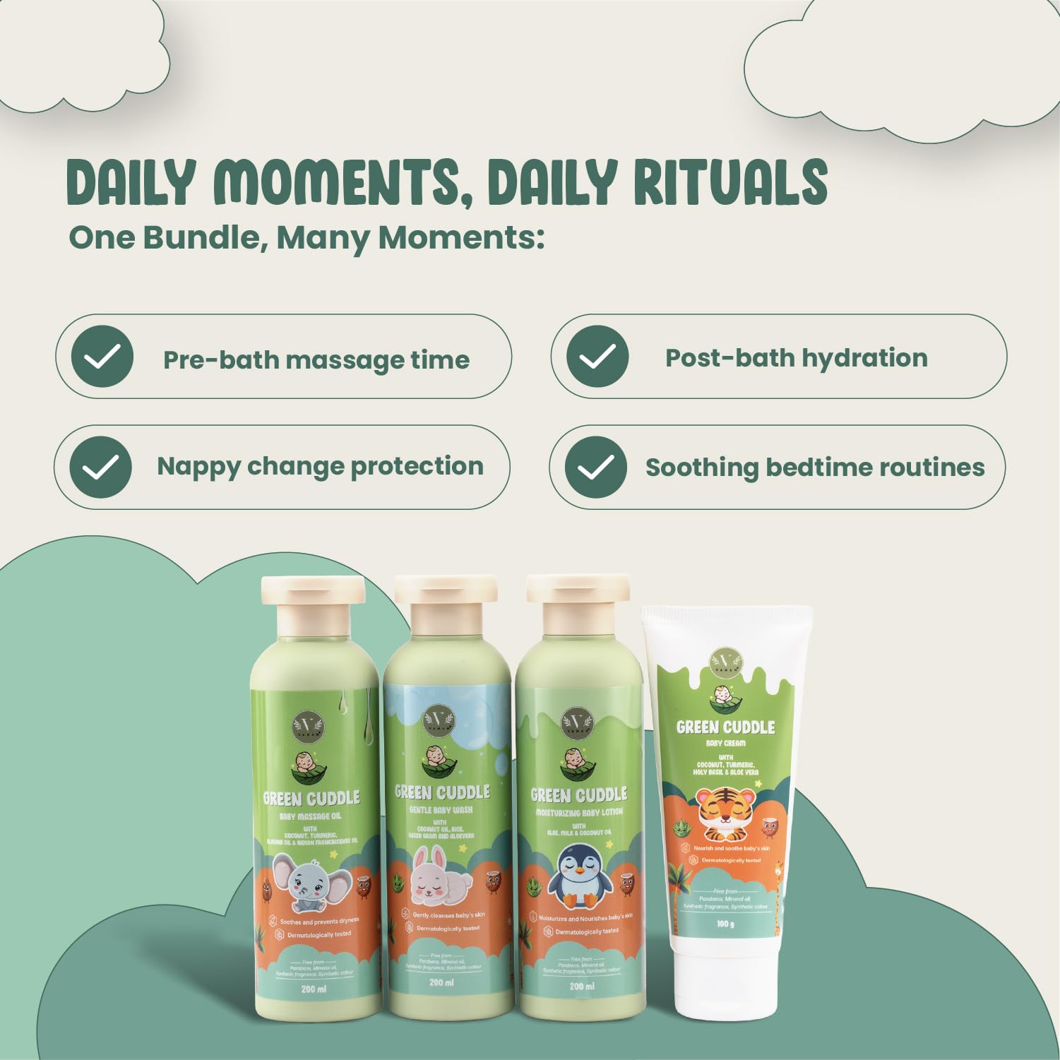 Green Cuddle Babypflegeset | Ayurvedisches Tägliches Babyset – Massageöl, Baby Waschgel, Lotion & Babycreme | Sanft & Parabenfrei | Für Weiche & Gepflegte Babyhaut