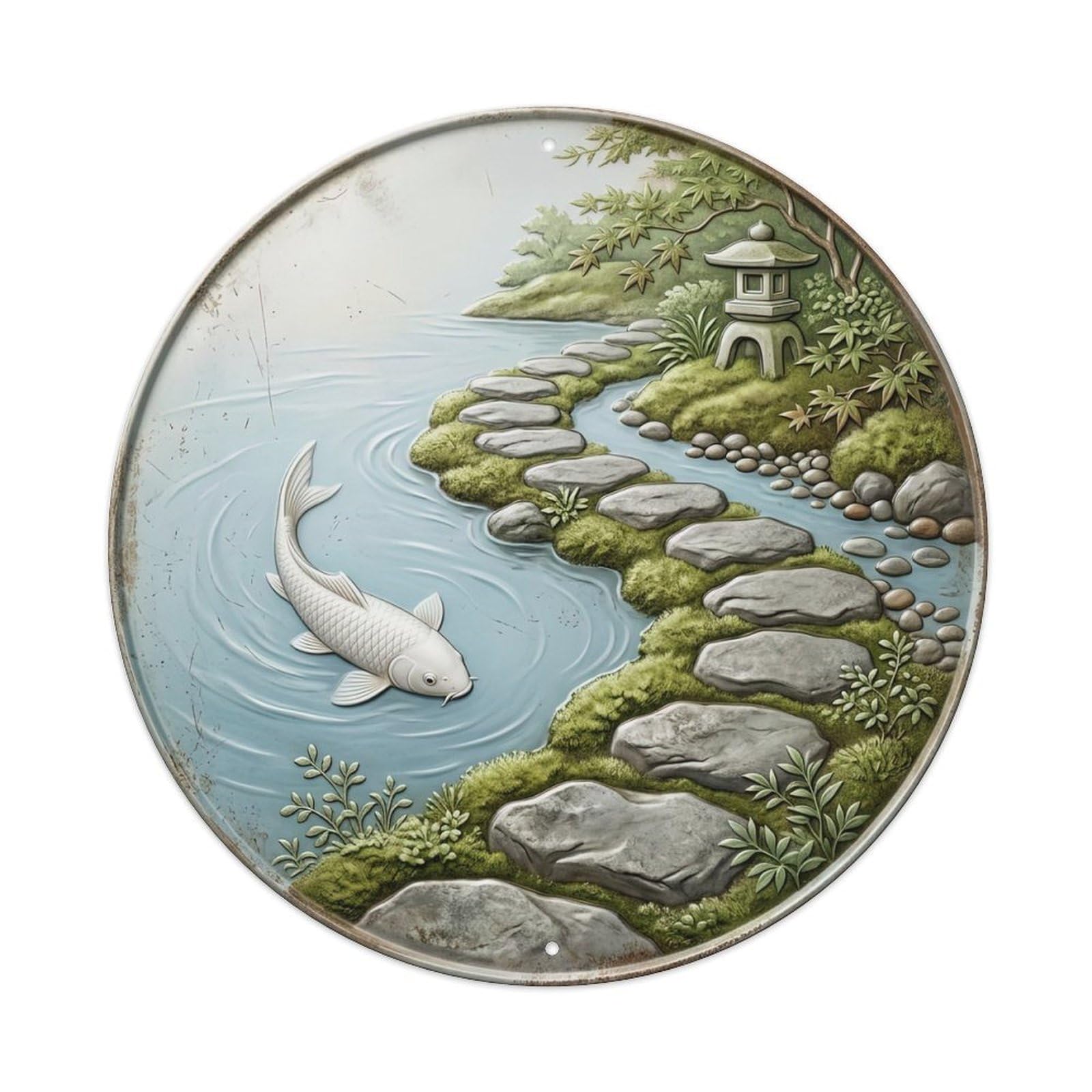 Tea Garden Path Koi Fish Metal Tin Sign Plaque Wall Decor for Cafe, Club, Garden Round Metal Poster 8x8Inch