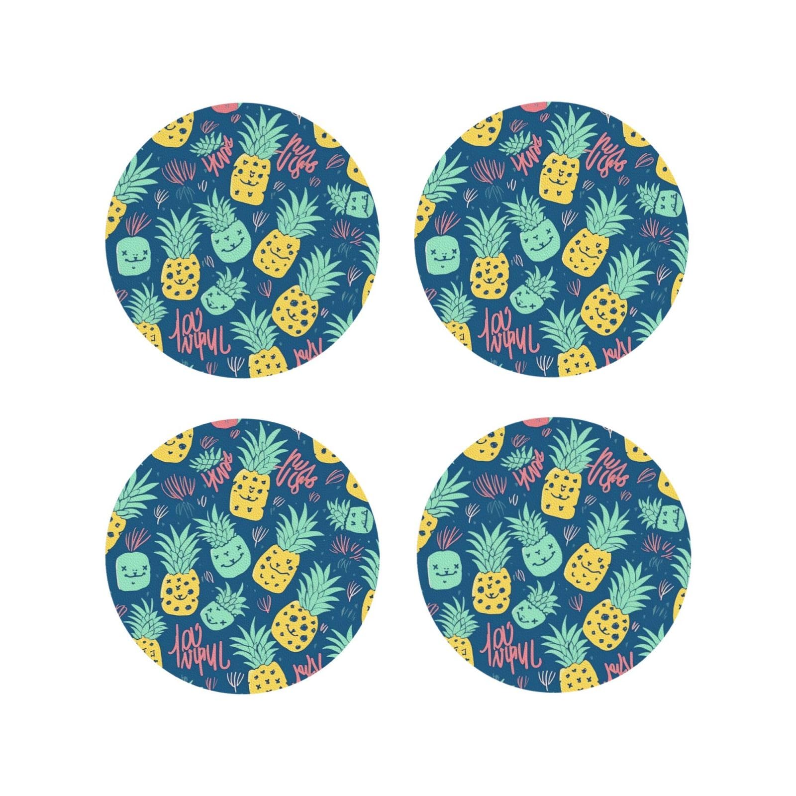 4pcs Drink Coasters for Tabletop Protection, 4" Leather Coasters for Drinks, Cute Pineapple Pattern Cup Coasters for Coffee Table Decor, Non-Slip Drinking Cup Mat for Hot Or Cold Drink