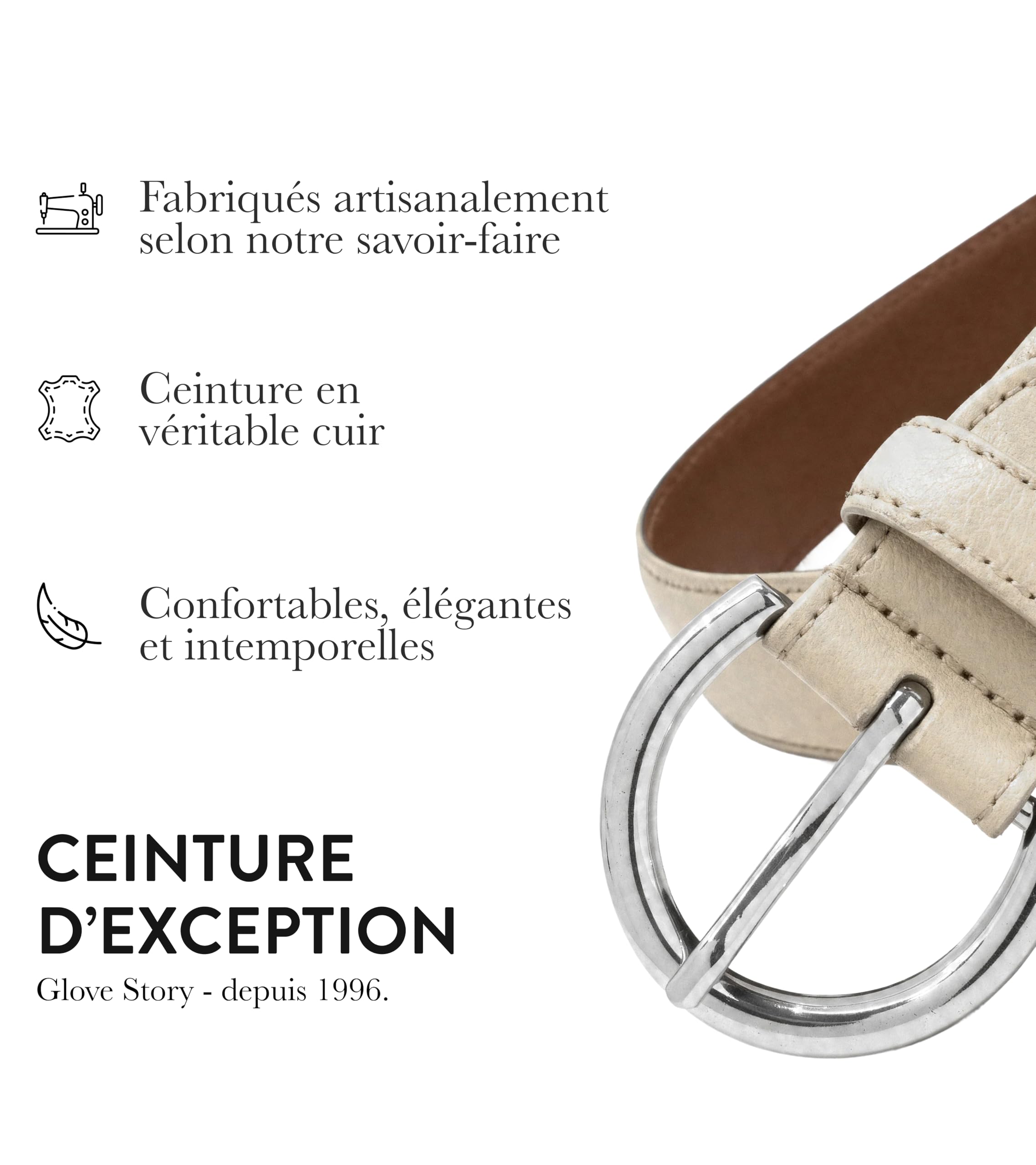 GLOVE STORY Ceinture Femme Beige en Cuir - Boucle Métal Élégante Style Habillé - Coffret Cadeau Accessoire Mode Haut de Gamme pour Jean, Tailleur Costume et Pantalon - Largeur 35mm