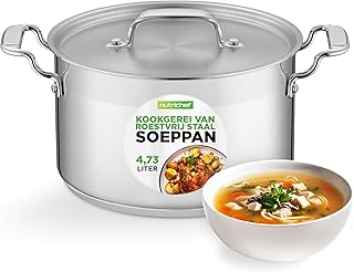 Nutrichef Soeppan met Deksel voor Keuken, Grote Inductiepot voor Soep, Stoofpot, Geschikt voor Inductie, Gas en Alle Kookplaten, Roestvrij Staal, Ergonomische Handgrepen, 4.5 Liter