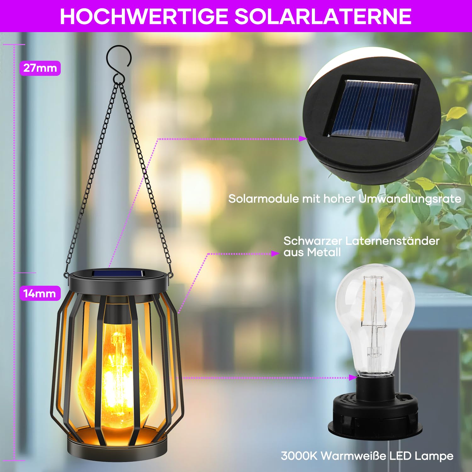 Solarlampen für Außen Hängend, 2 Stück Garten Deko Solarlaterne mit Größer LED Glühbirne, IP65 Wa... Ansicht 2