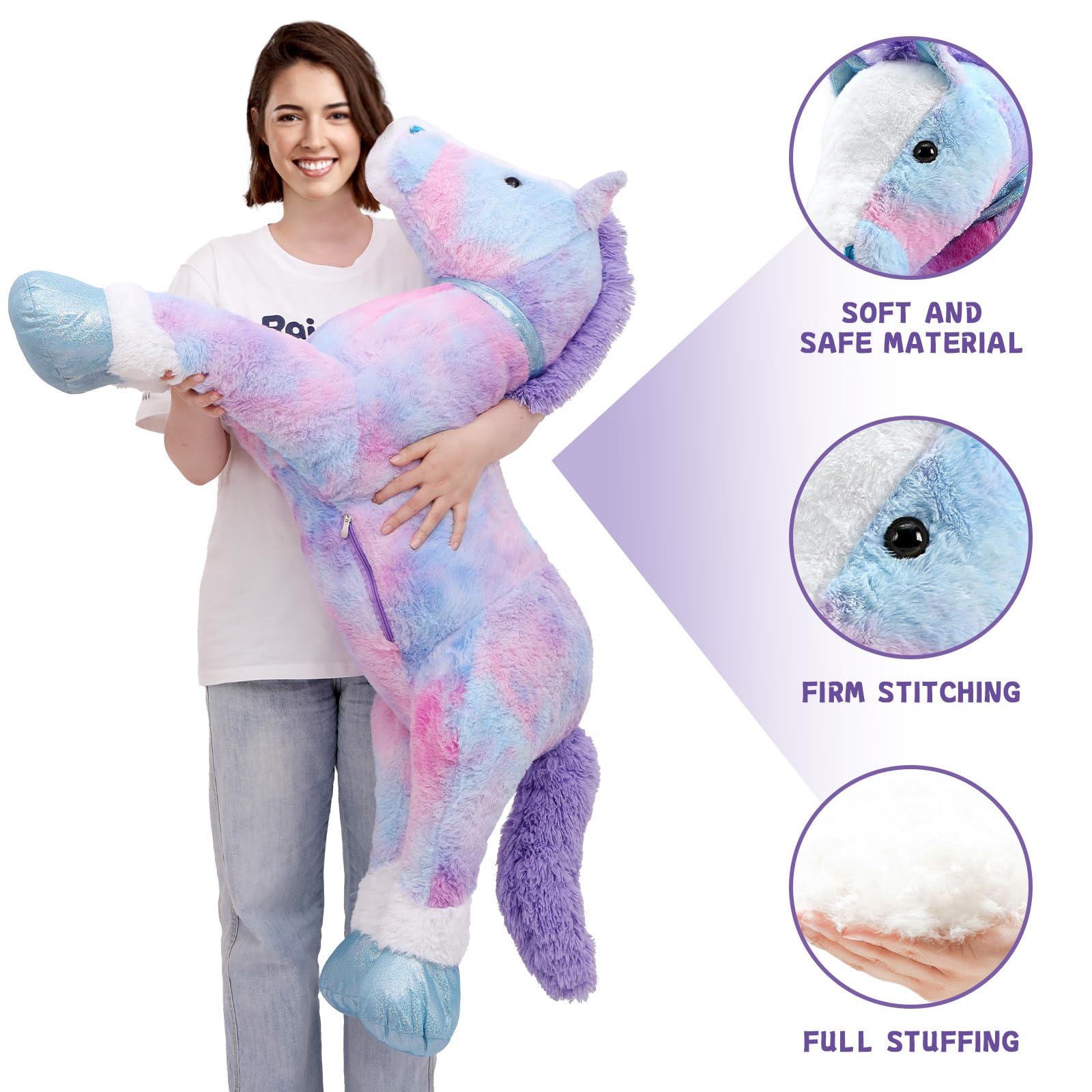 KERTA Big Horse Stuffed Animals Plush Toy, 35 Inch Large Stuffed Horse Toys Gift Soft Blue Pony Plush Pillow for Boys Girls 3