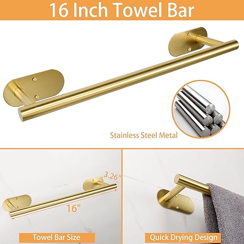 Miniatura 4 de TocTen Juego de 5 toallas para montar en la pared o autoadhesivas, juego de accesorios de baño de acero inoxidable que incluye toallero de 16