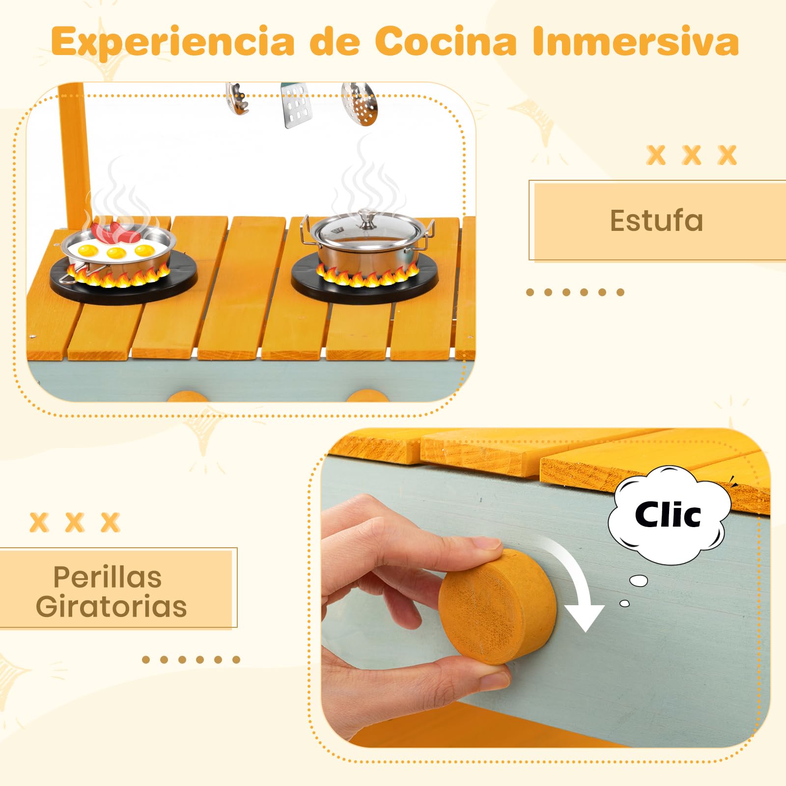 COSTWAY Cocina Juguete Exterior, Cocinita Infantil de Madera con Jardinera y Enrejado, Cocina de Barro con Fregadero Extraíble, Grifo, Fogones, Depósito de Agua para Niños de 3-8 Años (Amarillo)