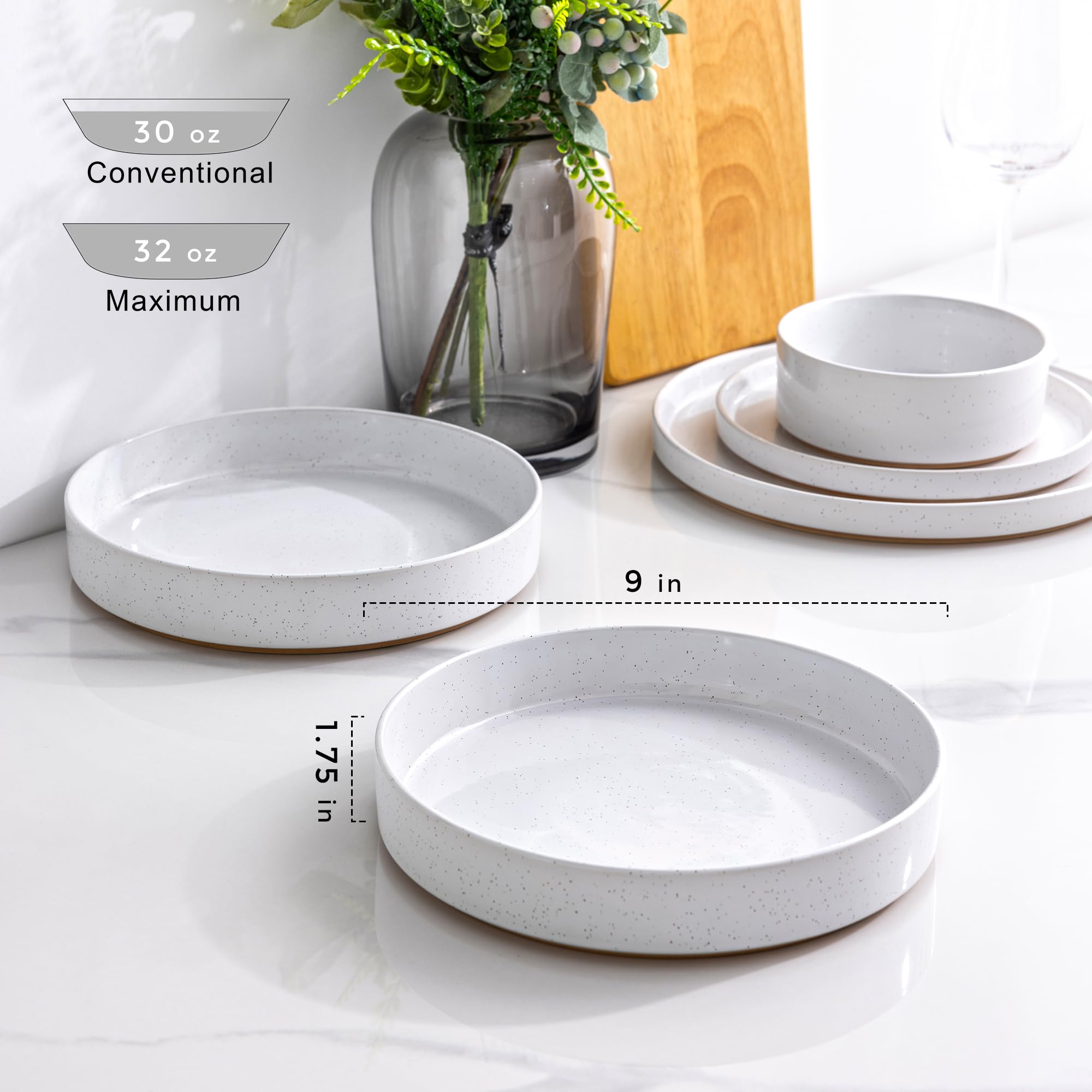 AmorArc 22,9 cm große Keramik-Nudelschalen, 907 ml, Steingut, 4 Stück | Gesprenkelte Servierschalen für Nudeln, Salat, Obst und Nudeln, Einweihungsgeschenk und Hochzeitsgeschenk, Weiß