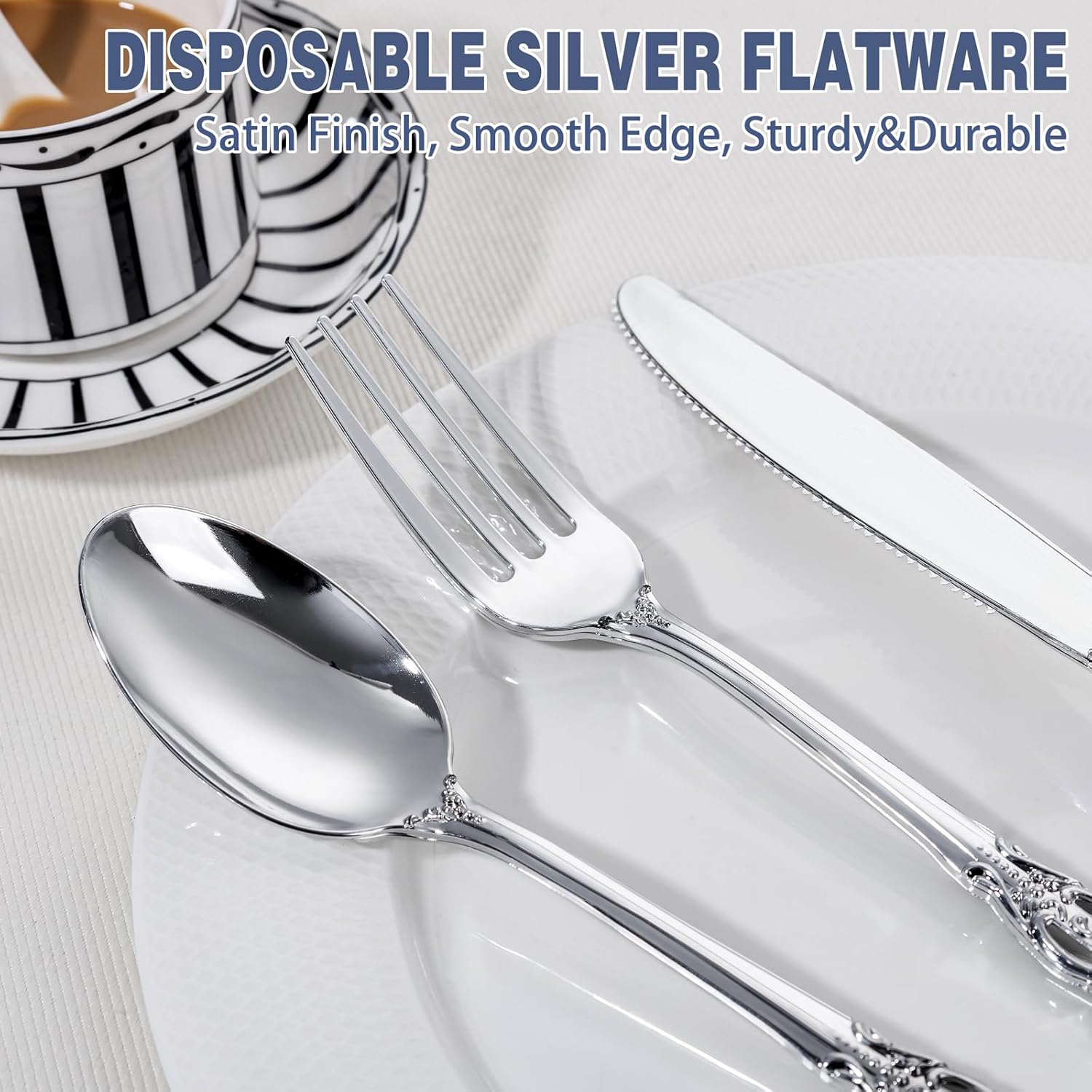 302PCS Silver Plastic Silverware Sets Include 102PCS White Silver Plastic Plates & 150 Pieces Silver Plastic Silverware & 50PCS White Paper Napkins