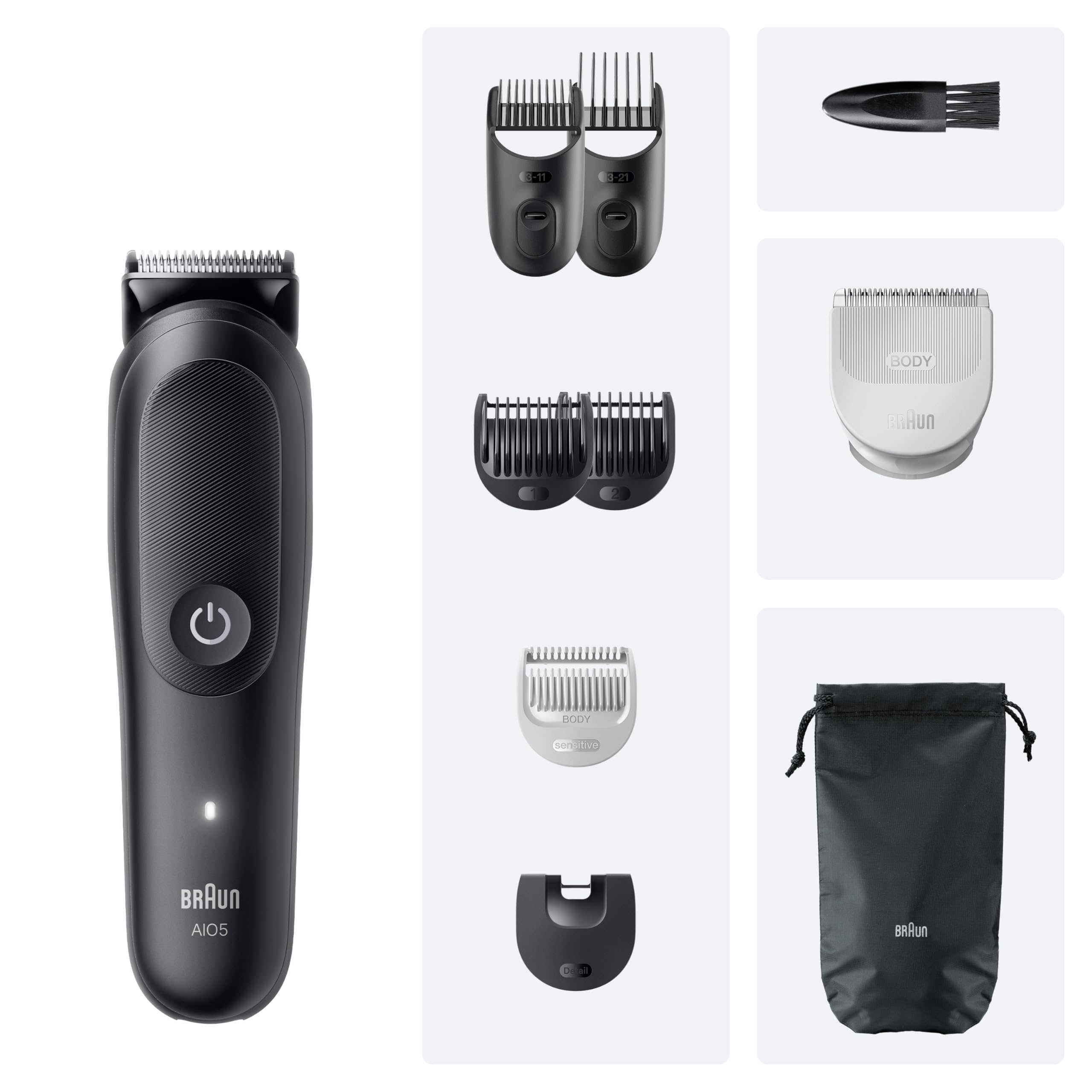 Braun All-in-One Trimmer-Set 5, 9-in-1 Multigroom, Barttrimmer, Haarschneidemaschine für Gesicht, Kopf und Körper, 120 Min Akku, 14 Längen (0.5–21 mm), Wasserdicht, AIO5540, Schwarz