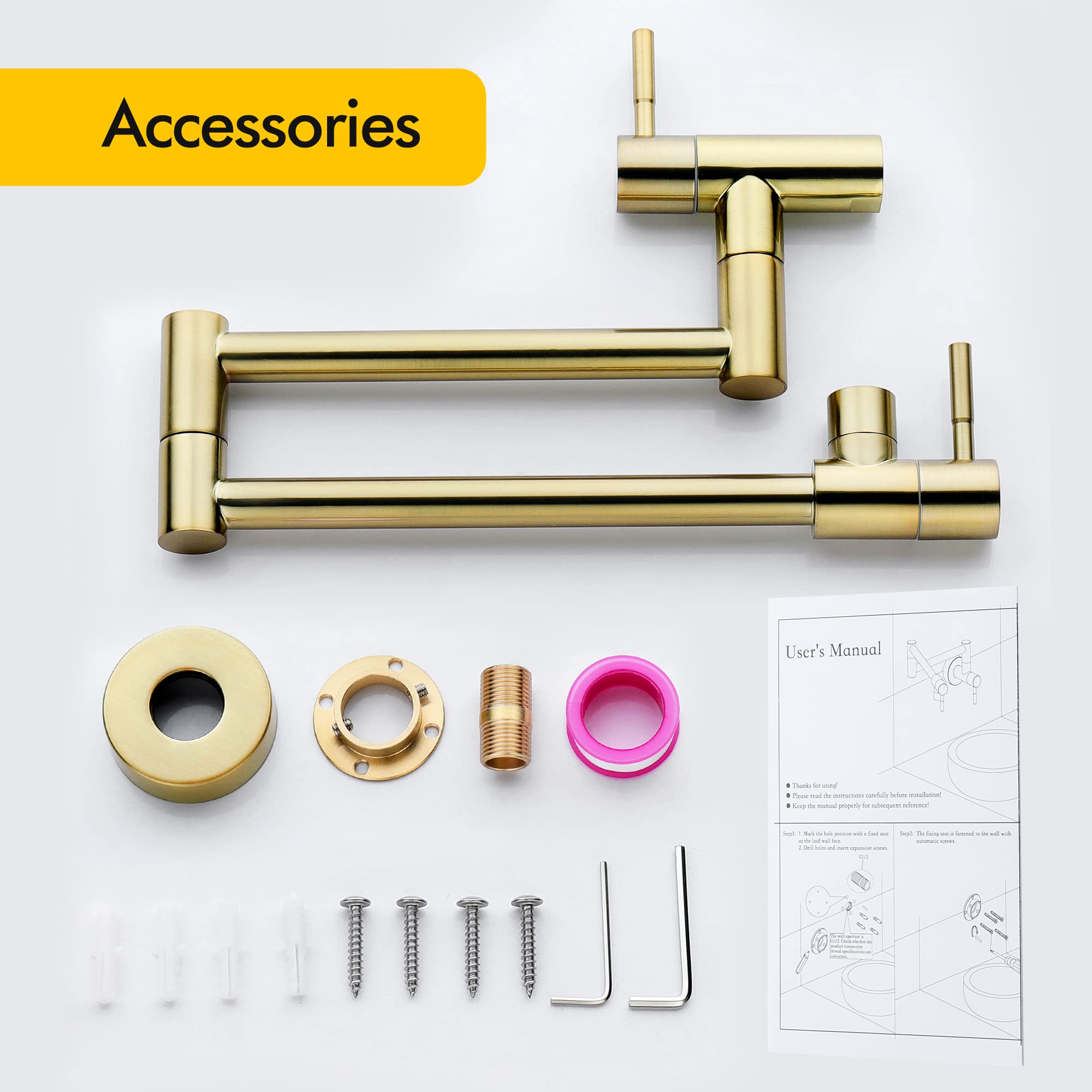 Fransiton Brushed Gold Pot Filler, Pot Filler Faucet Wall Mount, Brass Folding Stretchable with Double Joint Swing Arm Single Hole Two Handles Kitchen Restaurant