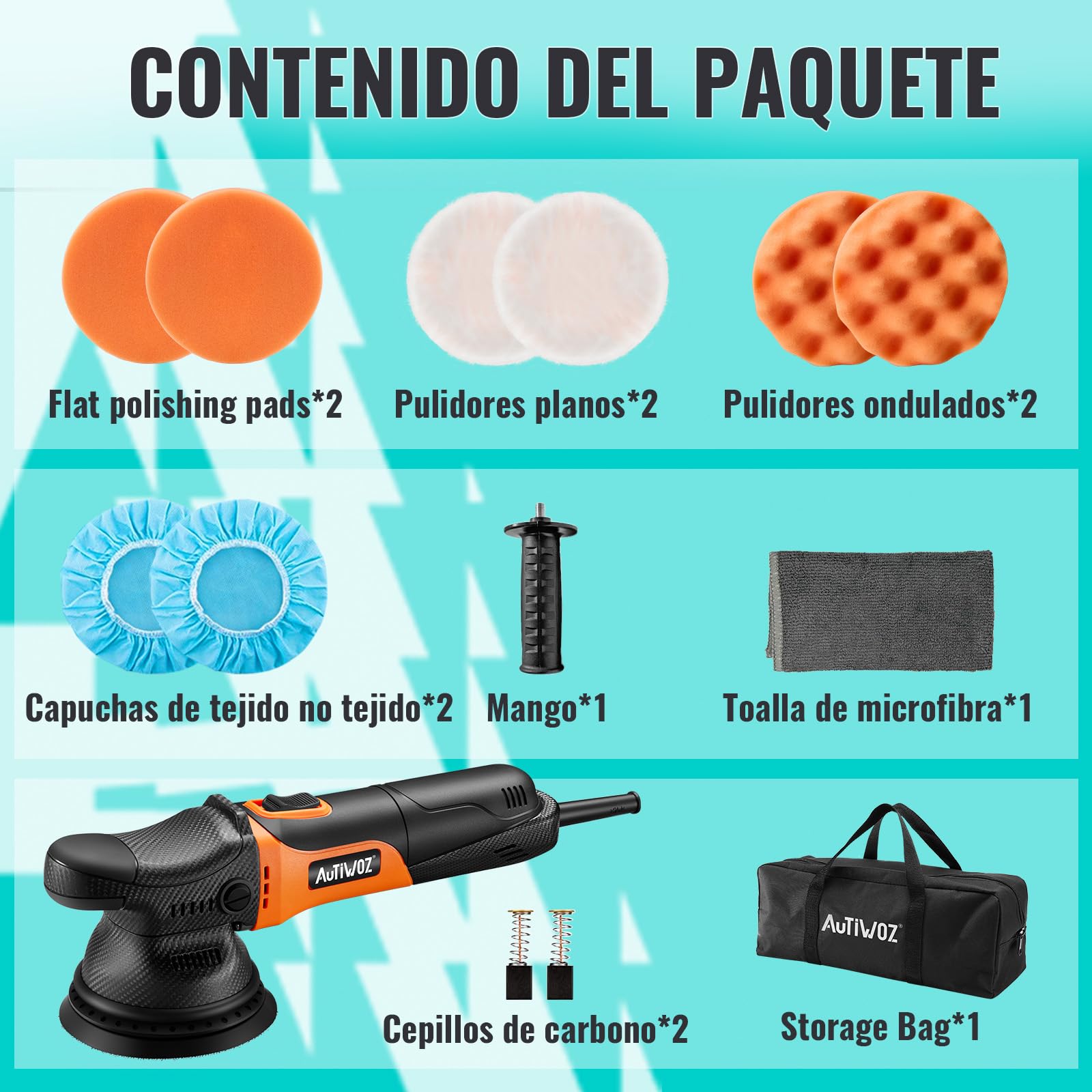 AUTIWOZ 630W Pulidora Coches Orbital 9mm,125mm Kit de Pulido,Excéntrica Máquina de Pulido,Pequeña Pulidora con 6 Velocidades Variables (2000-6200 rpm), para Detallado Automotriz-W01
