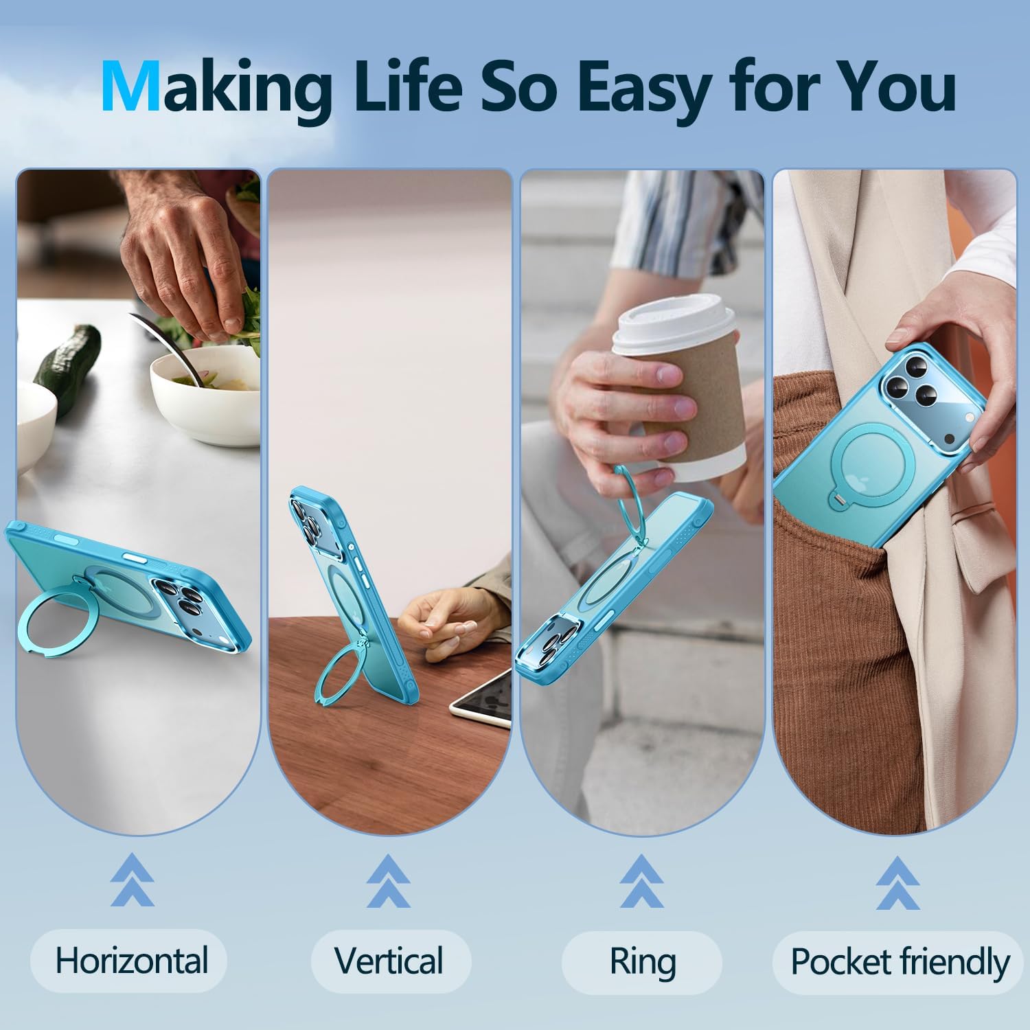 O3 Mag-Stand Designed for iPhone 17 Pro Case with 360° Spin Stand, [Compatible with mag Safe][Super Skin Feeling] Translucent Matte Magnetic Slim Phone Case 6.3 inch, Matte Lake Blue