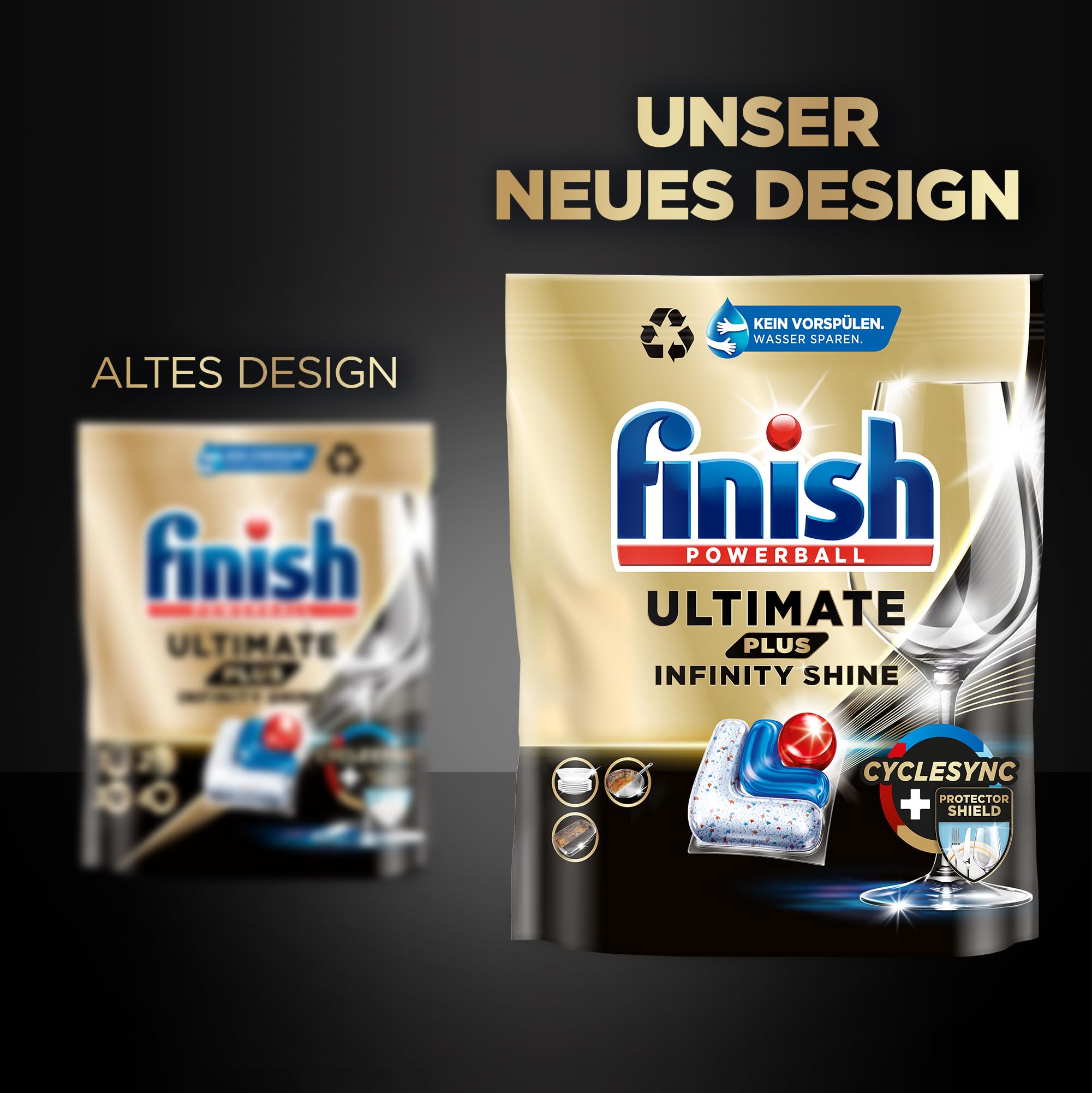 Finish Ultimate Plus Infinity Shine Spülmaschinentabs, Geschirrspültabs für intensive Reinigung, Fettlösekraft und Glanz mit Schutzschild, 2 x 73 Finish Caps
