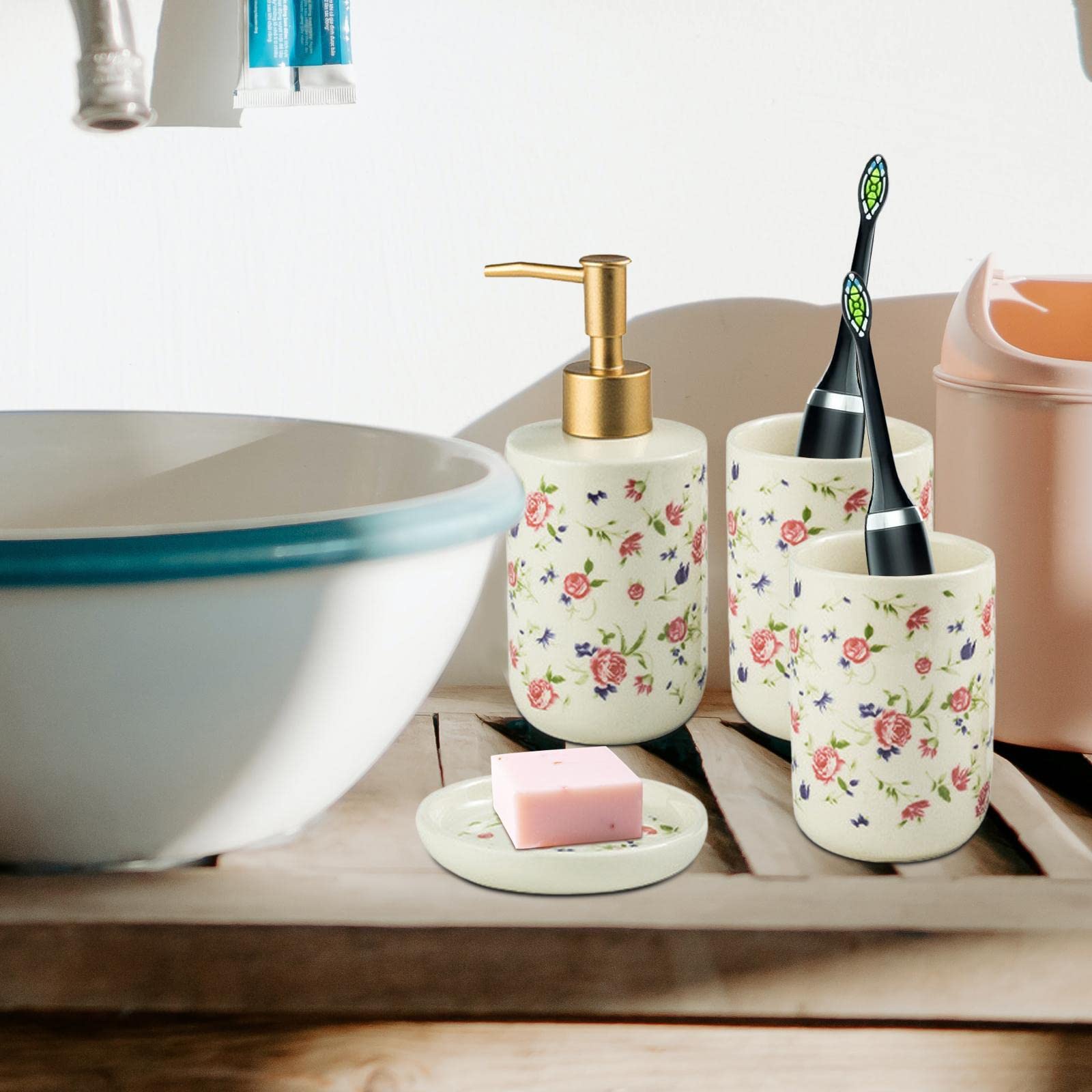 Ceramiczny zestaw akcesoriów łazienkowych premium, luksusowy uchwyt na szczoteczkę do zębów, dozownik balsamu do mydła (małe róże 4 szt.)